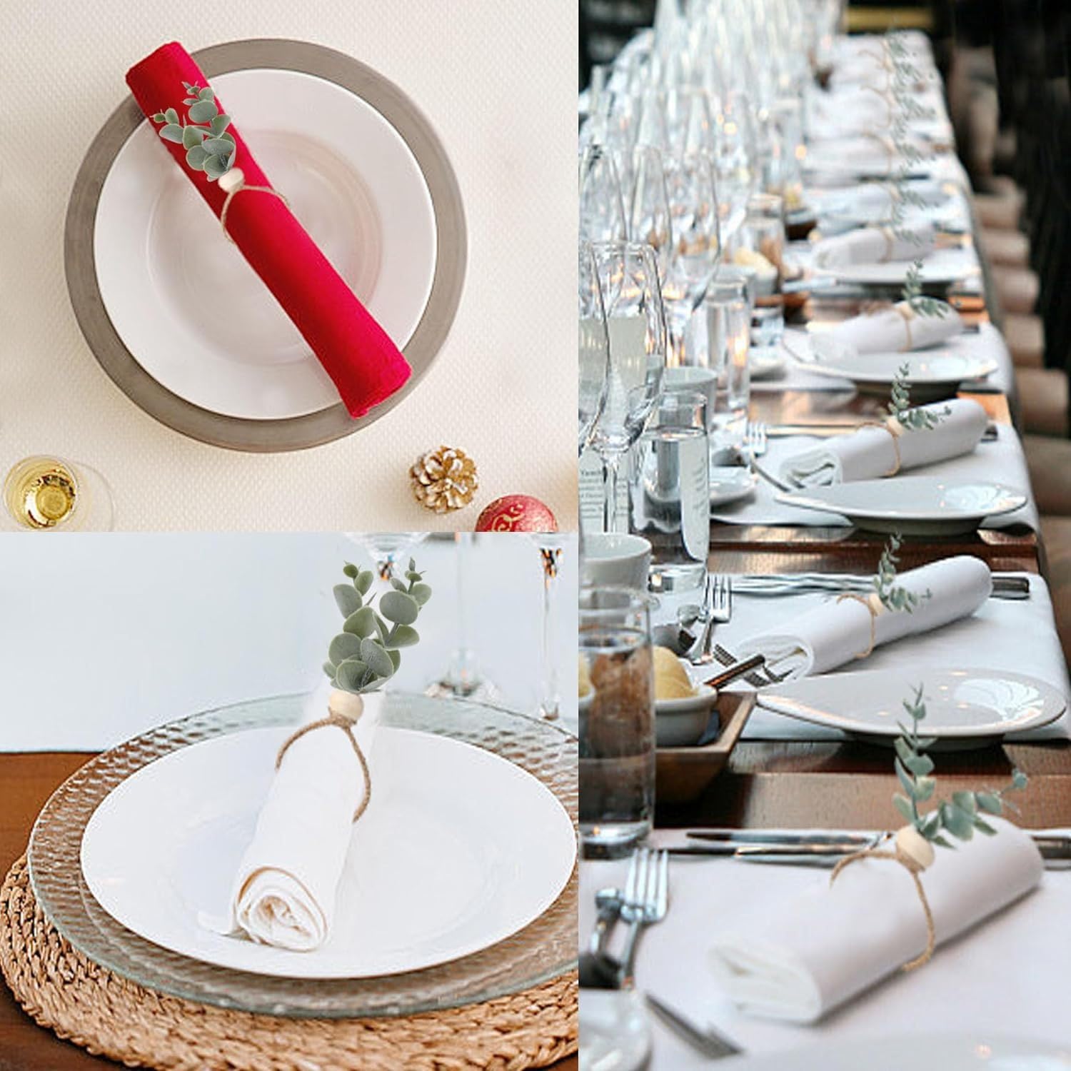 12 portatovaglioli fatti a mano in finto eucalipto, perline in legno rustico e portatovaglioli con fiori di seta, decorazione da tavolo per banchetti di hotel, feste per ristoranti