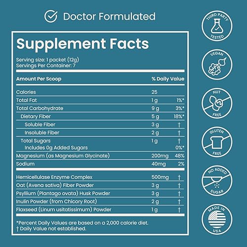 Miniatura 7 de Polvo de fibra prebiótica nocturna con enzimas digestivas y glicinato de magnesio para dormir, paquete de 7 unidades de viaje para llevar,