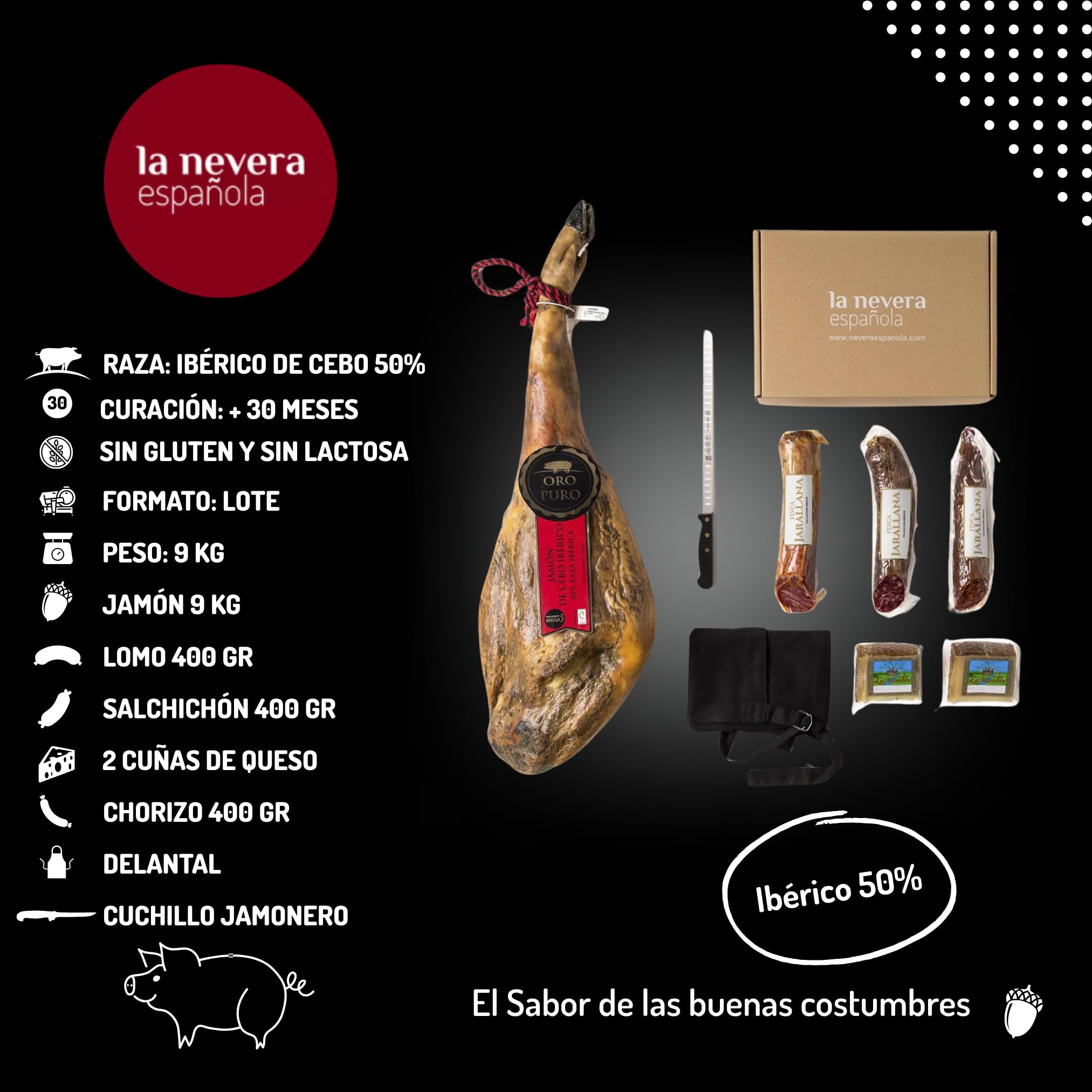 La Nevera Española - Lote Ibérico de Jamón Oro Puro, Chorizo, Lomo, Salchichón y 2 Cuñas de Queso de Oveja - Productos Nacionales - Delantal de Regalo
