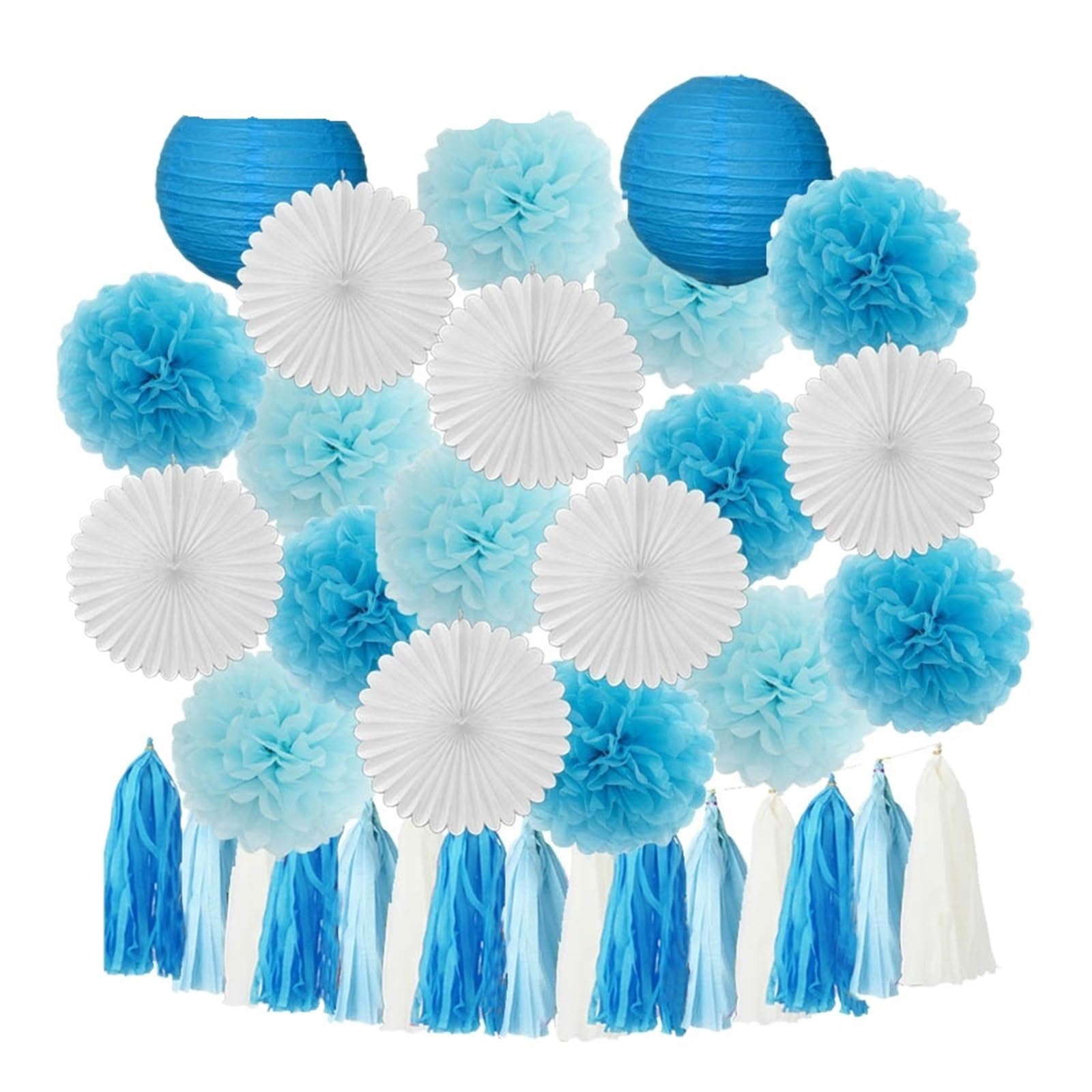 Paper Lanterns Boy Birthday Party Favor Hanging Paper Lantern Fan Wedding Decor Blue White Set Tissue Pompom Tassel(Blue Set)