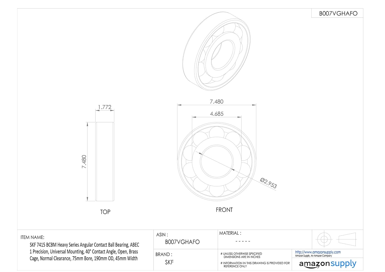SKF 7414 BCBM Heavy Series Angular Contact Ball Bearing, ABEC 1 Precision, Universal Mounting, 40° Contact Angle, Open, Brass Cage, Normal Clearance, 70mm Bore, 180mm OD, 42mm Width