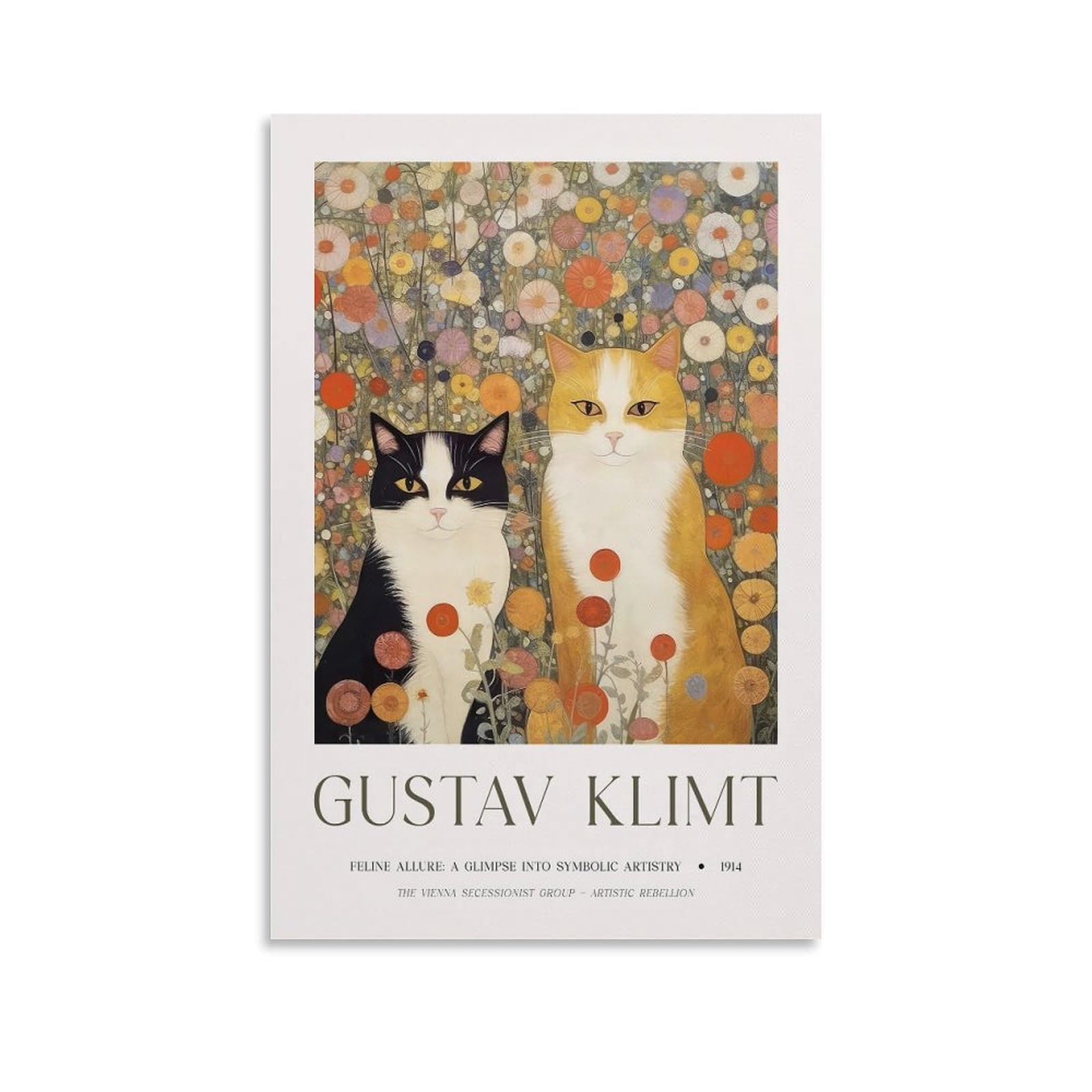 Gustav Klimt Ginger Cat Poster Black Cat Flower Wall Art Poster For Room Aesthetic Canvas Wall Art Bedroom Decor 12x18inch(30x45cm)