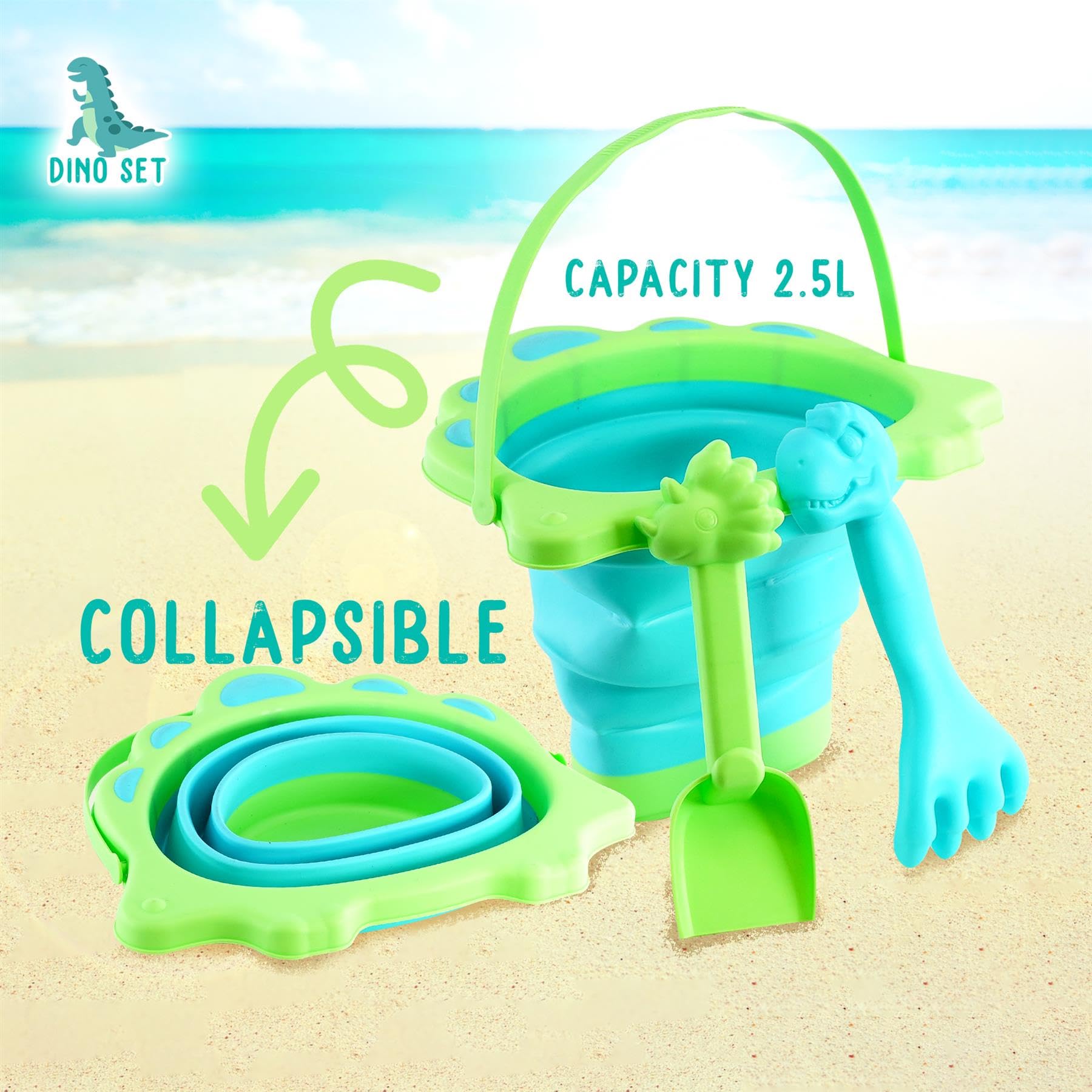 The Magic Toy Shop Pool Toys Play Sand Pit Kits Beach Bucket and Spade Set for Kids Pink Dinosaur Shaped Collapsible Foldable Plastic Bucket Outdoor - Image 3