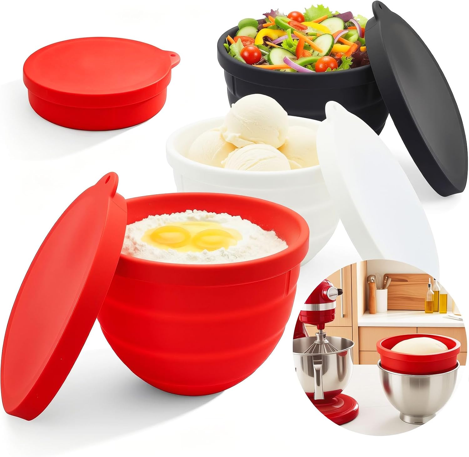 Silicone Bowl Liners with Lids for 5 Qt KitchenAid Stand Mixer Bowls, Collapsible Mixer Bowl Inserts, Reusable Mixing Bowl Liners for Dough, Batter, Cookie Prep, 1Pack 5QT White