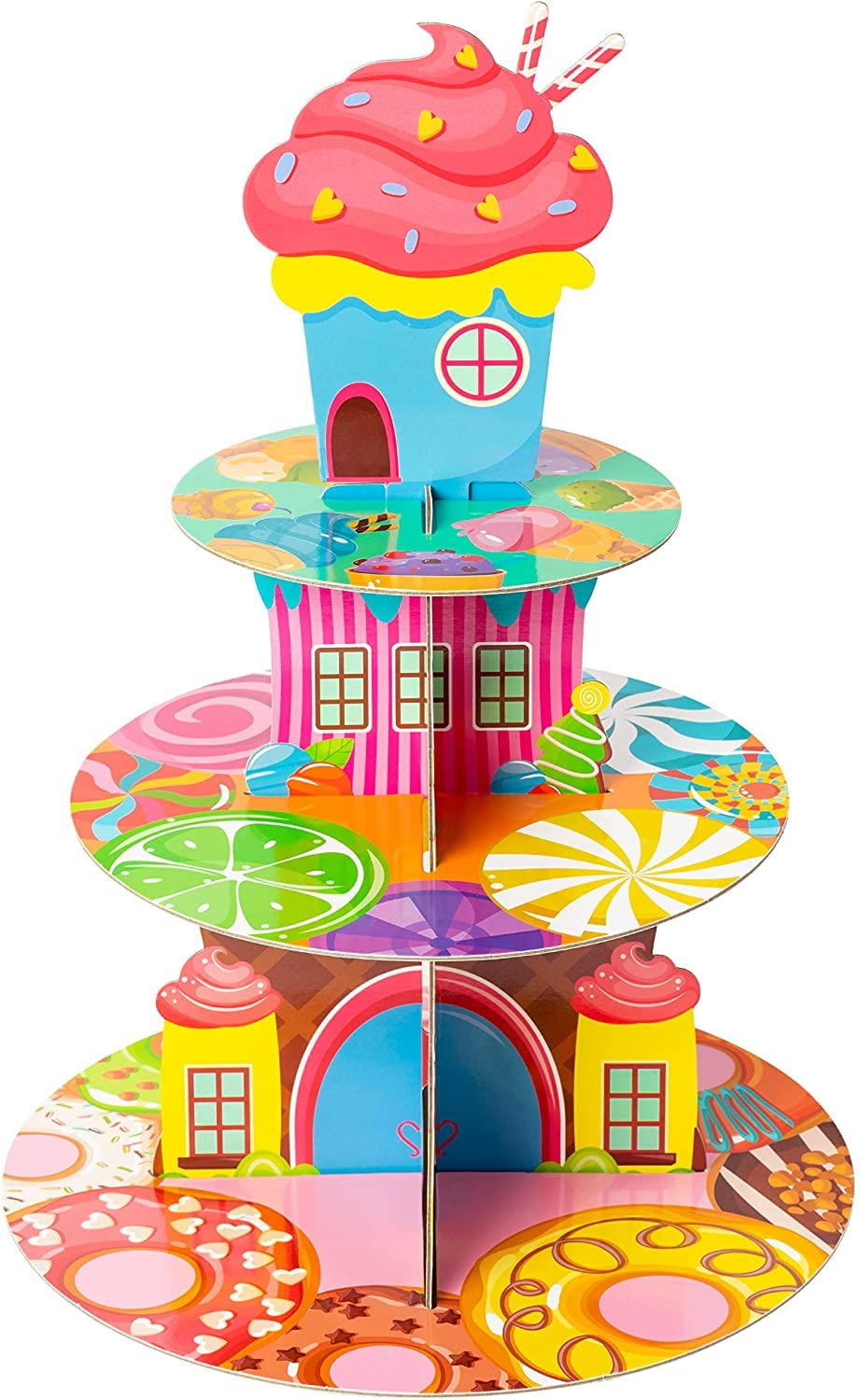 EGuangwiua3 Tier Colorful Candyland Cake Stand Party Table Decoration Sweet Candy Cupcake Tower Cardboard Donut Lollipop Ice Cream Dessert Holder Baby Shower Birthday Wedding Holiday Party Supplies