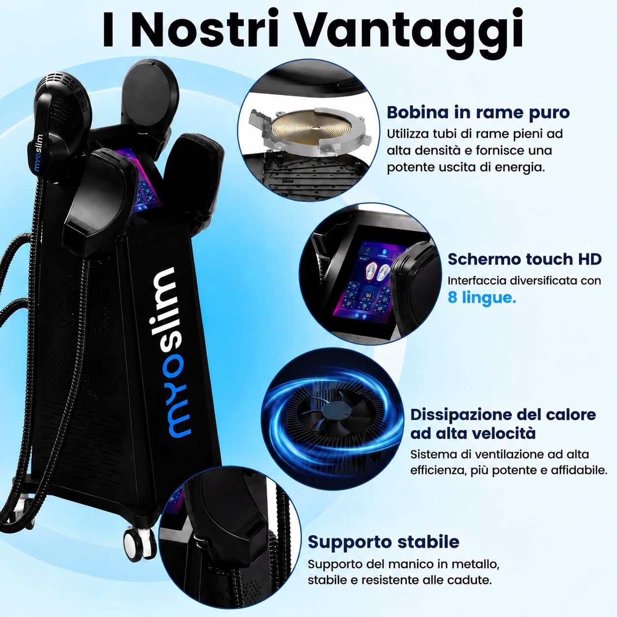 Macchina per Modellamento Corpo con Tecnologia EMT – Riduzione del Grassi, Costruzione Muscolare e Rassodamento della Pelle, Schermo Tattile Multilingue, 4 Testine Interchangeabili (Nero)