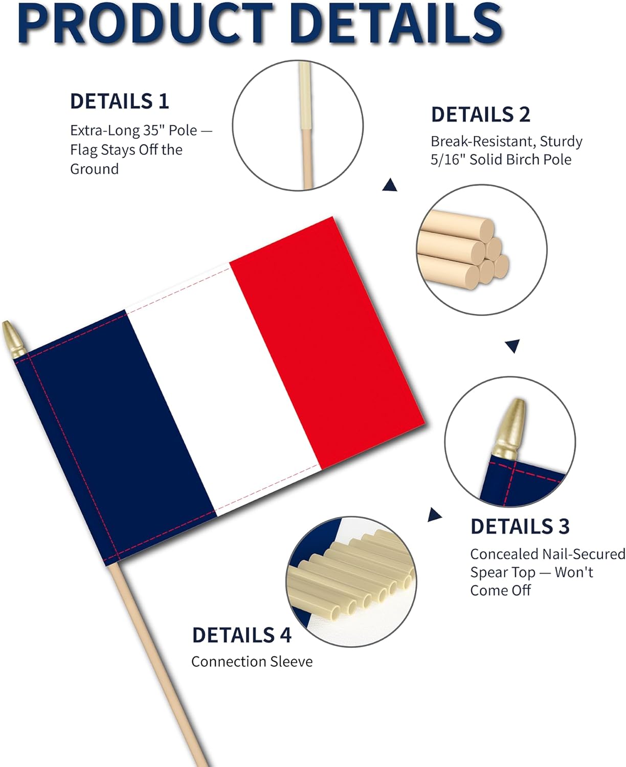Heavy Duty 12 Pack 12x18 Inch Large French Flags on Stick 35” Tall France Stick Flags Durable Break-Resistant 5/16” Birch Pole 300D Oxford Fabric Bastille Day Armistice Day Yard & Festival Decorations