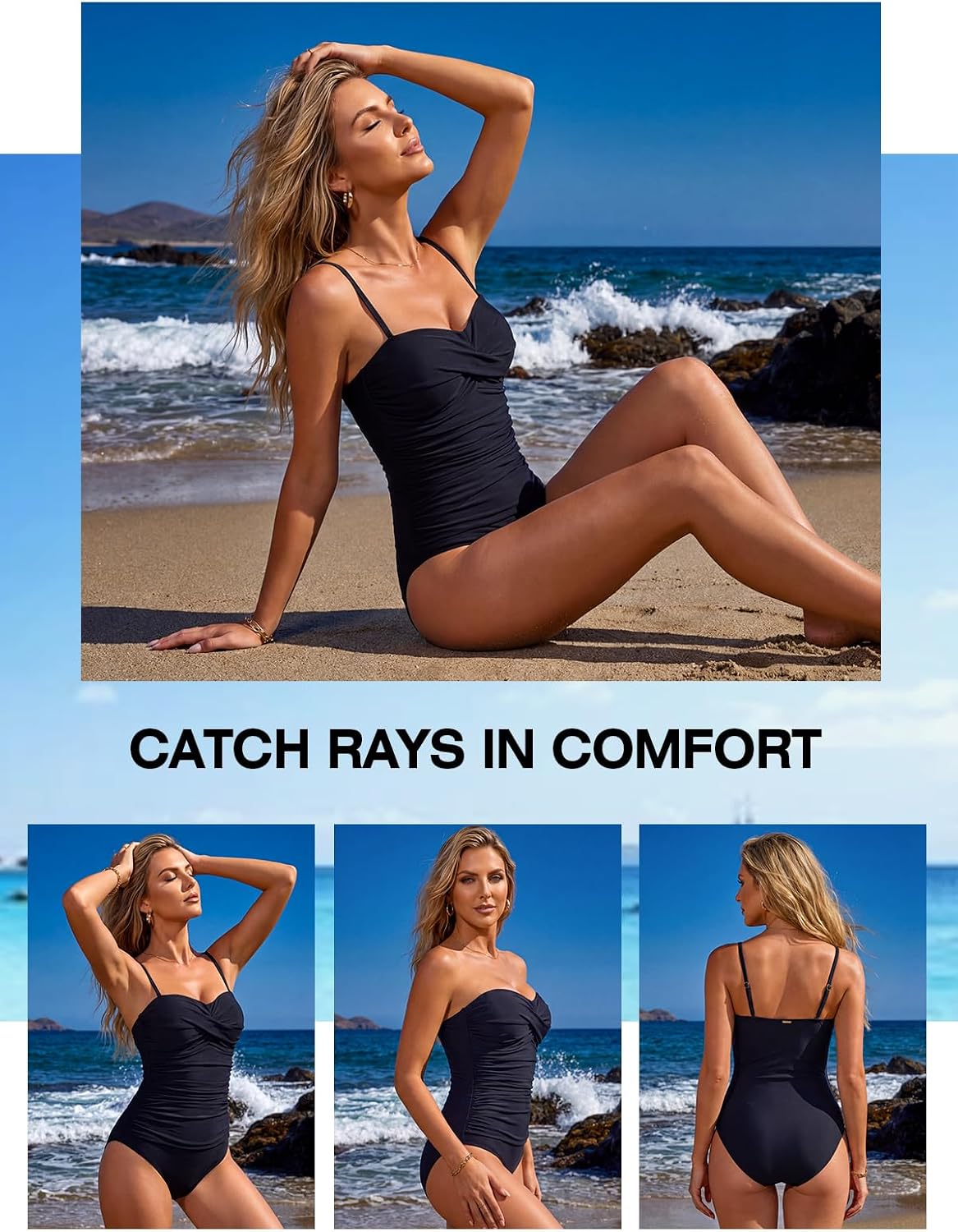 RELLECIGA Women's Tummy Control One Piece Swimsuit Bandeau Strapless Bathing Suits