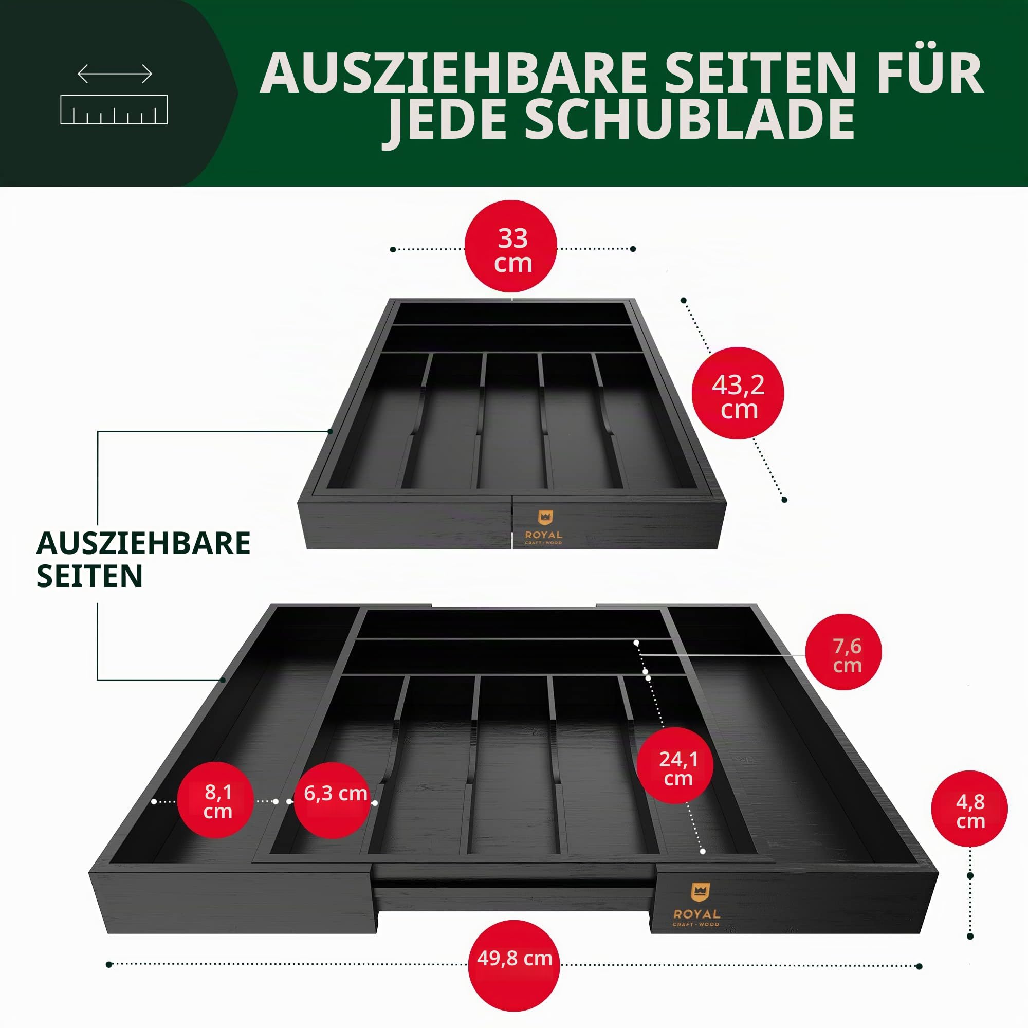 ROYAL CRAFT WOOD Luxuriöser Schubladen-Organizer aus Bambus – Besteck-Organizer – Utensilienhalter und Besteckkasten mit gerillten Schubladenteilern für Besteck und Küchenutensilien (schwarz)