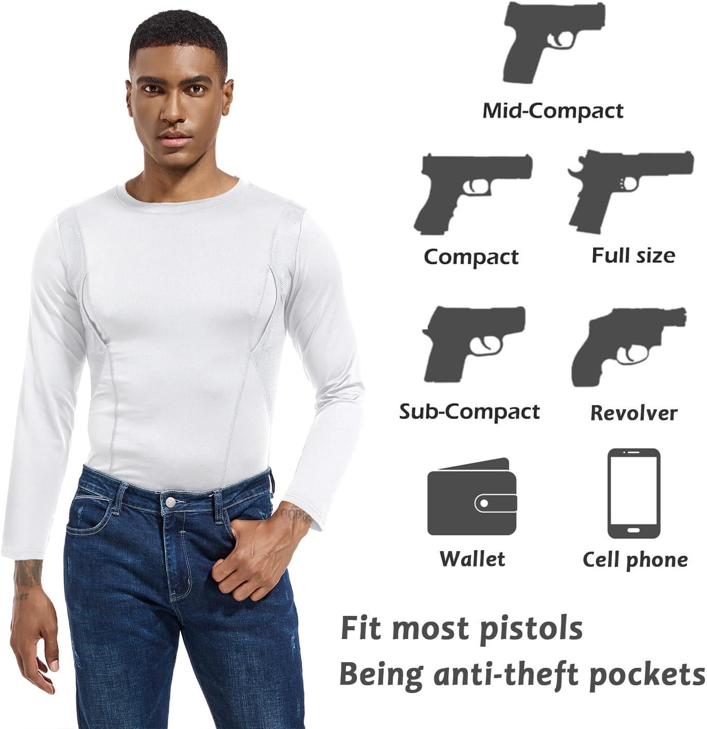 Concealed Carry Shirts for Men Holster Shirt Crew Neck Long Sleeve Conceal Carry Shirt Clothing with Large Pockets
