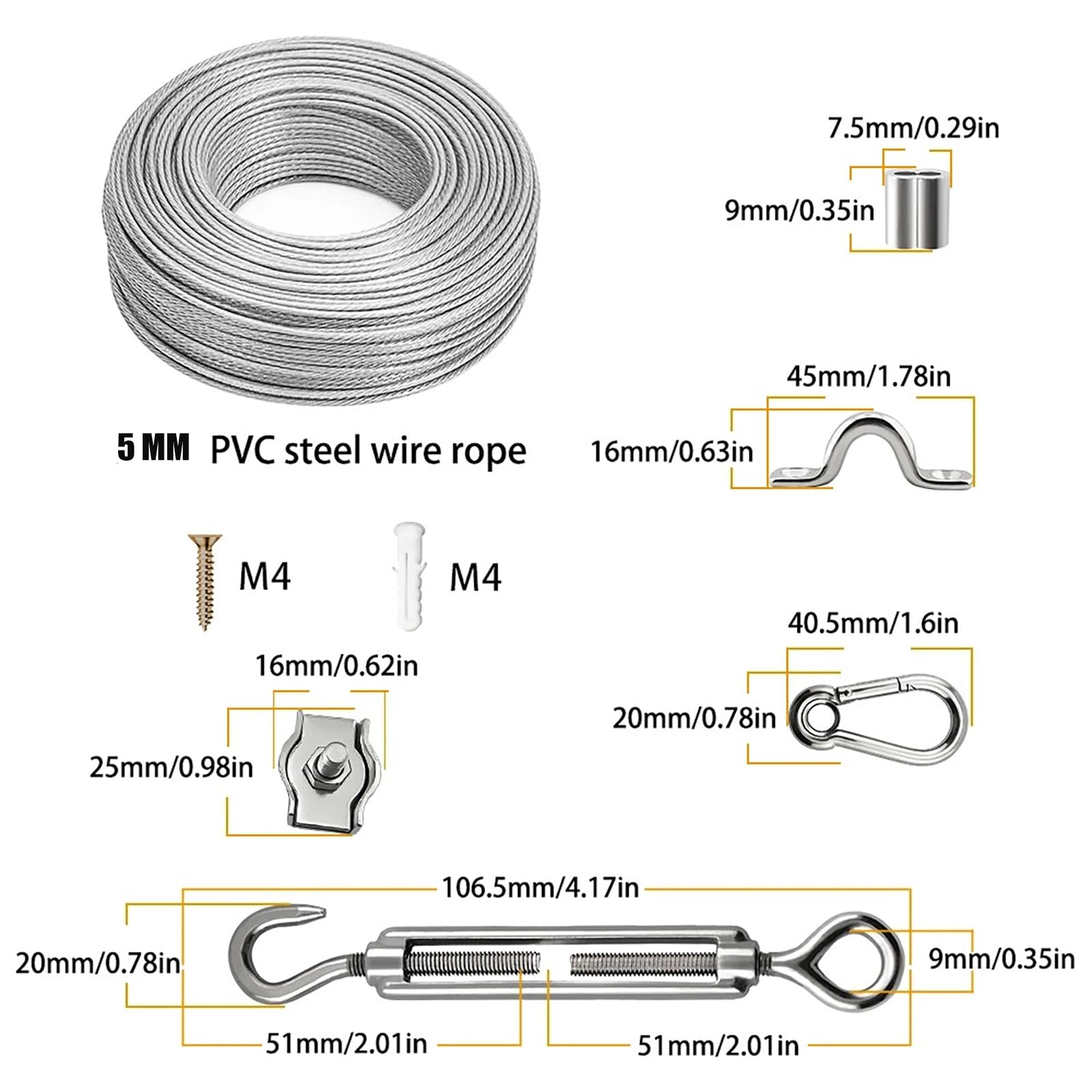 NEWFUN kabel ze stali nierdzewnej 5 mm, kabel ze stali 60 m i akcesoria 304 stal nierdzewna do prowadnicy światła, poręczy tarasowej, żagla cieniującego, przędza do prania fotograficznego (60M)