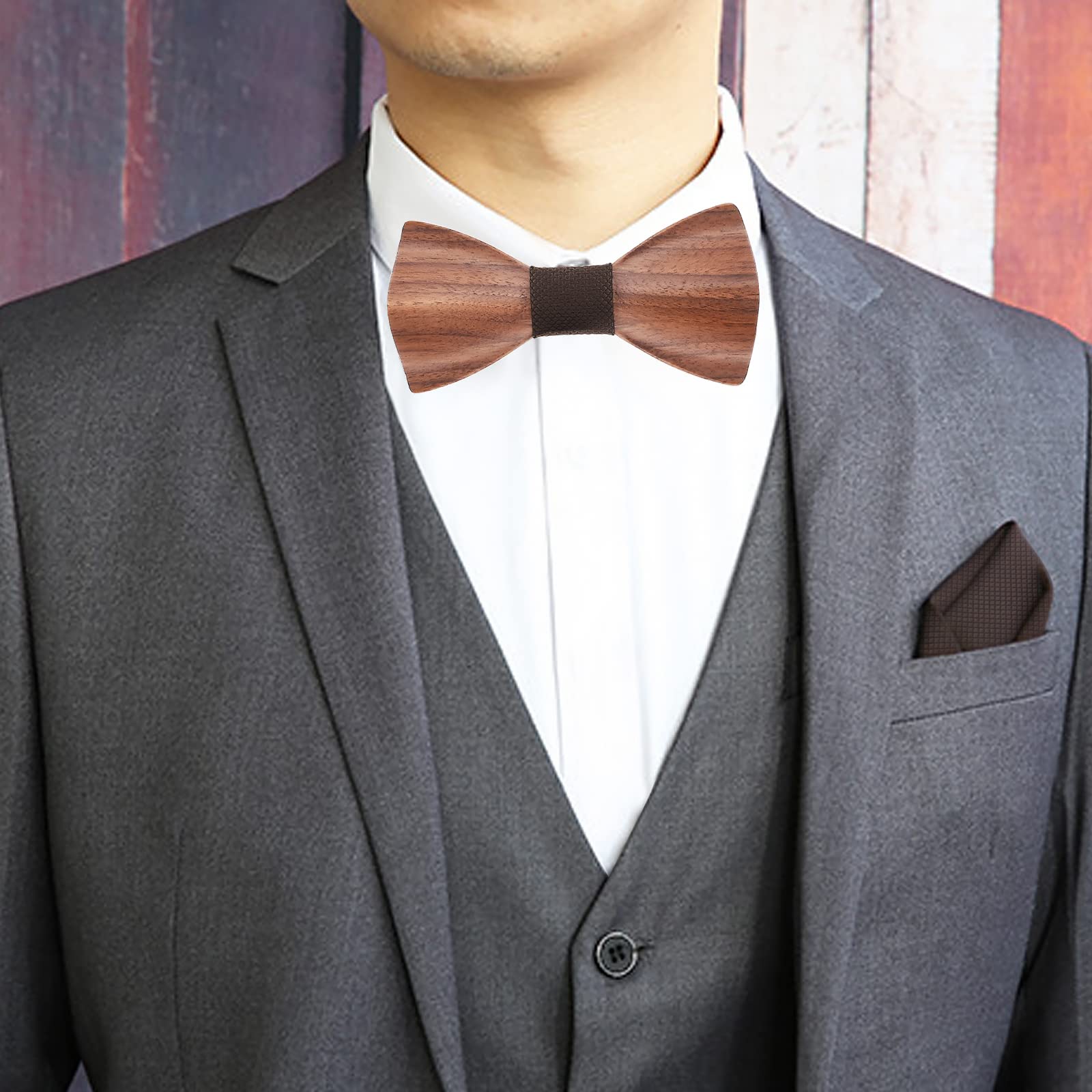 Mr.Van Noeud Papillon Bois pour Homme,Tour Bande Réglable, Style Classique Fait Main,Coffret en Bois (comprenant Boutons de Manchette,Mouchoir et noeud papillon) pour Mariage Soirée Business