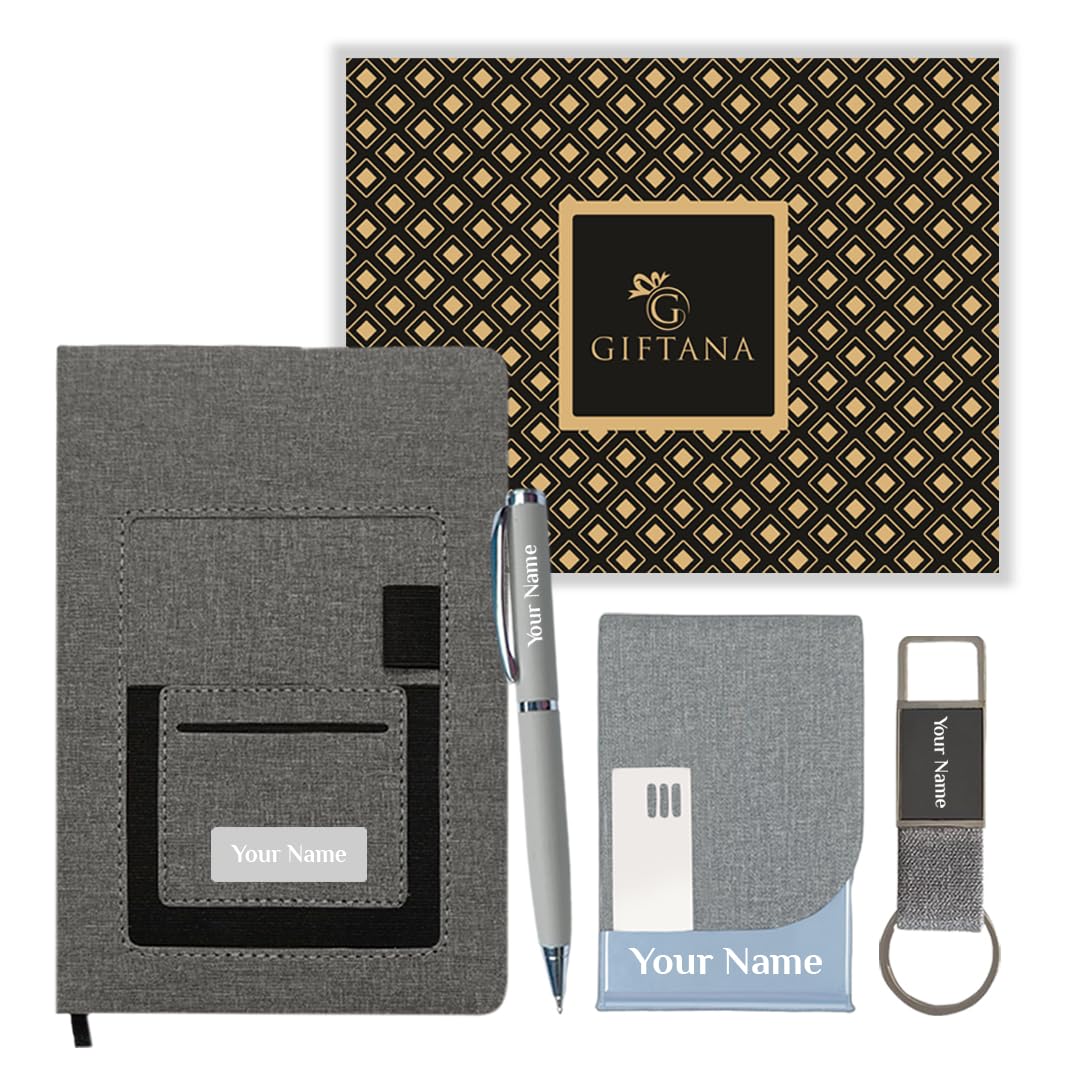 Giftana Personalized Diary with Pen and Card Holder, Keychain Gift Set for Men and Women, 4 in 1 Jute Cover Pu Leather Pocket Diaries Set, New Year Corporate Gifts for Employee (Grey,192 Pages)