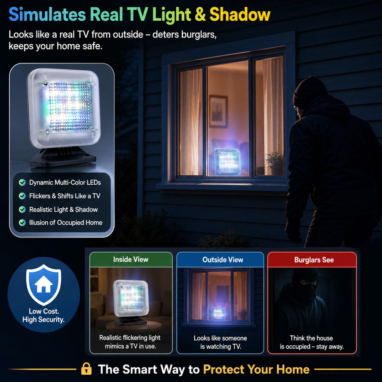 Lampe LED Simulateur TV – LumièRe Anti-Effraction Et Dissuasion De Vol avec 4 Modes, Minuterie Et Capteur – Se Distingue De L'éClairage Statique Conventionnel B24LED