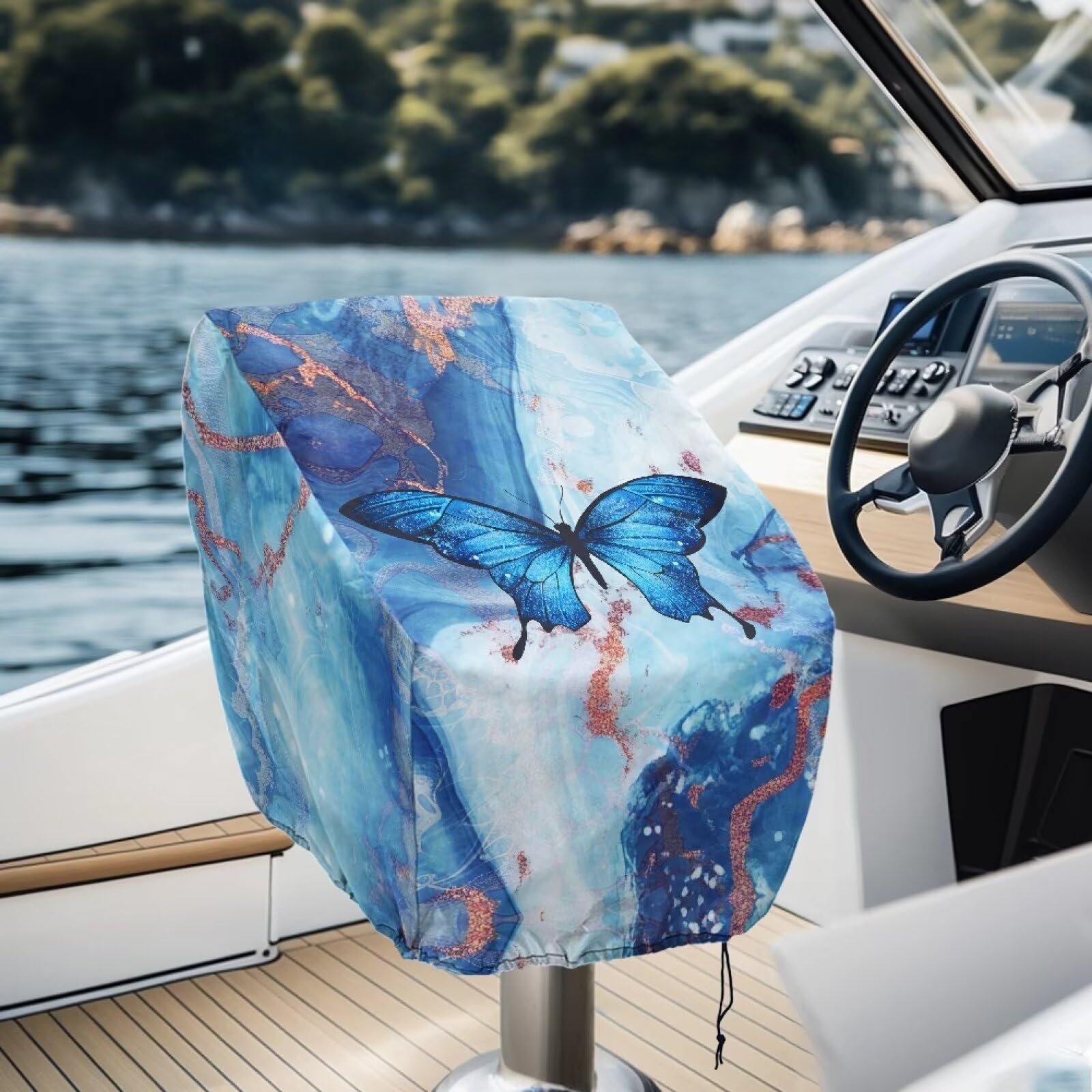 Boatee 2pcs Boat Bench Chair Cover Blue Marble Butterfly Pattern Fishing Chair Covers 23 X 21 X 23 Inch Boat Seat for High-Back Folding Boat Seat Universal Fit Boat Accessories