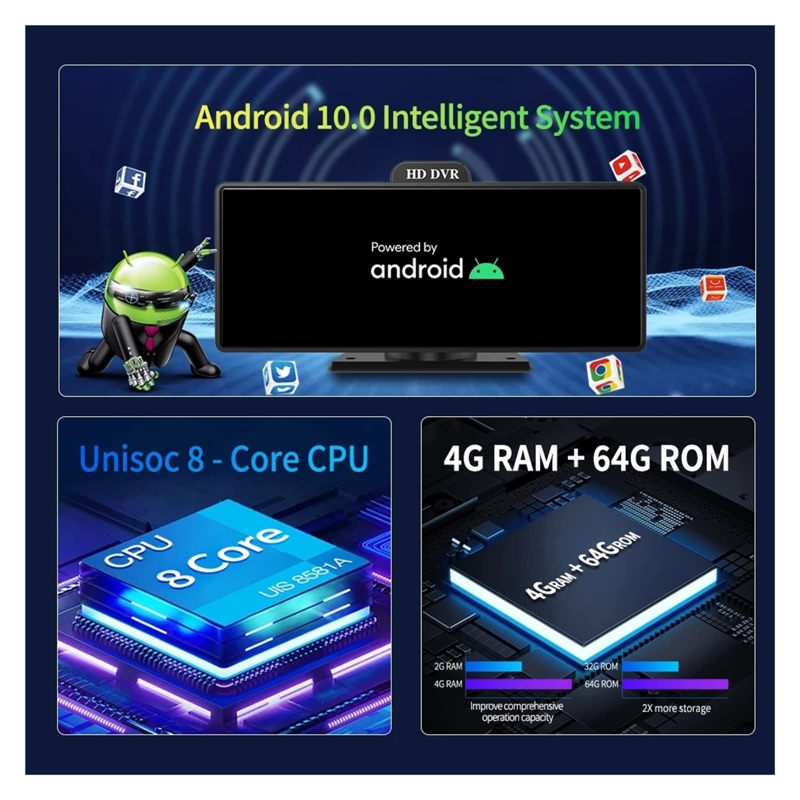 10.26 Cal 4G kamera na deskę rozdzielczą .0 4 + 64G 8 rdzeń 5G WiFi wideorejestrator samochodowy ADAS GPS FM 24h Monitor do parkowania lusterko wsteczne Super Widzenie Nocne(T94A11-10M,128G)