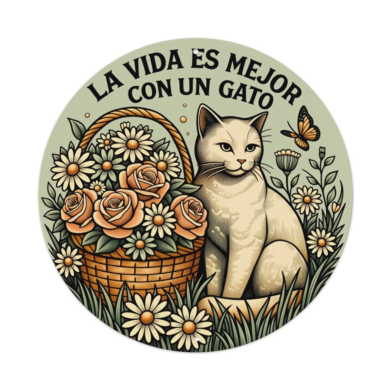 Cat Basket Flowers Butterfly Grass Round Tin Sign Vintage Style Metal Sign Home Bar Garden Wall Plaque Decor Metal Poster 8x8 Inch