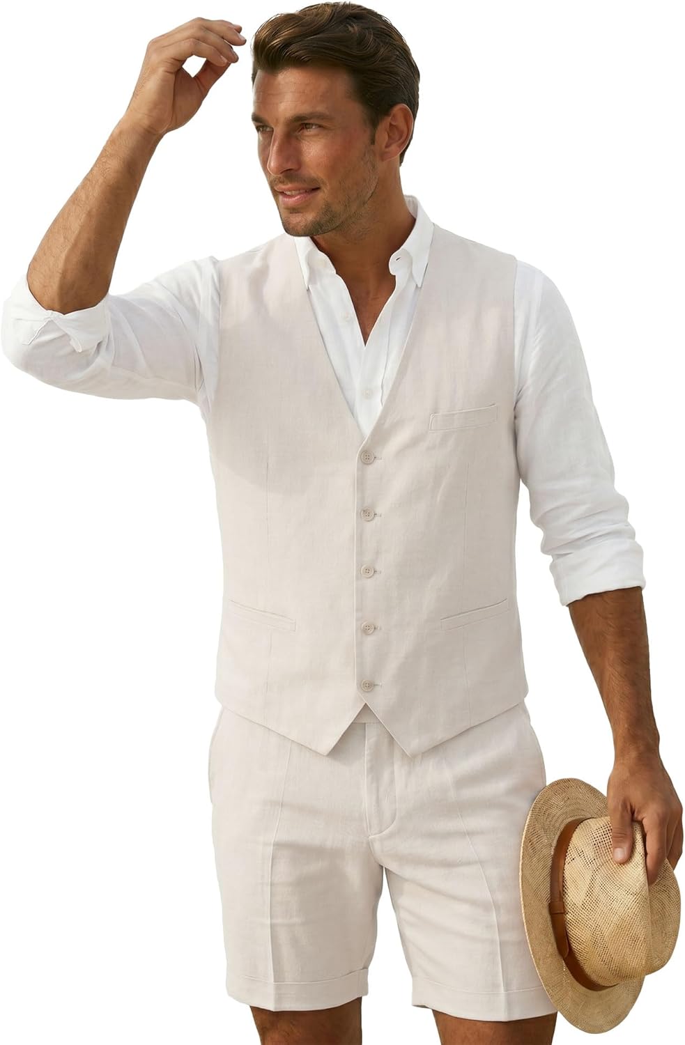 Hihawk Men’s 2-Piece Linen Vest Pants, Lightweight Waistcoat Shorts, Casual Wedding Beach Summer Prom Homecoming Outfit