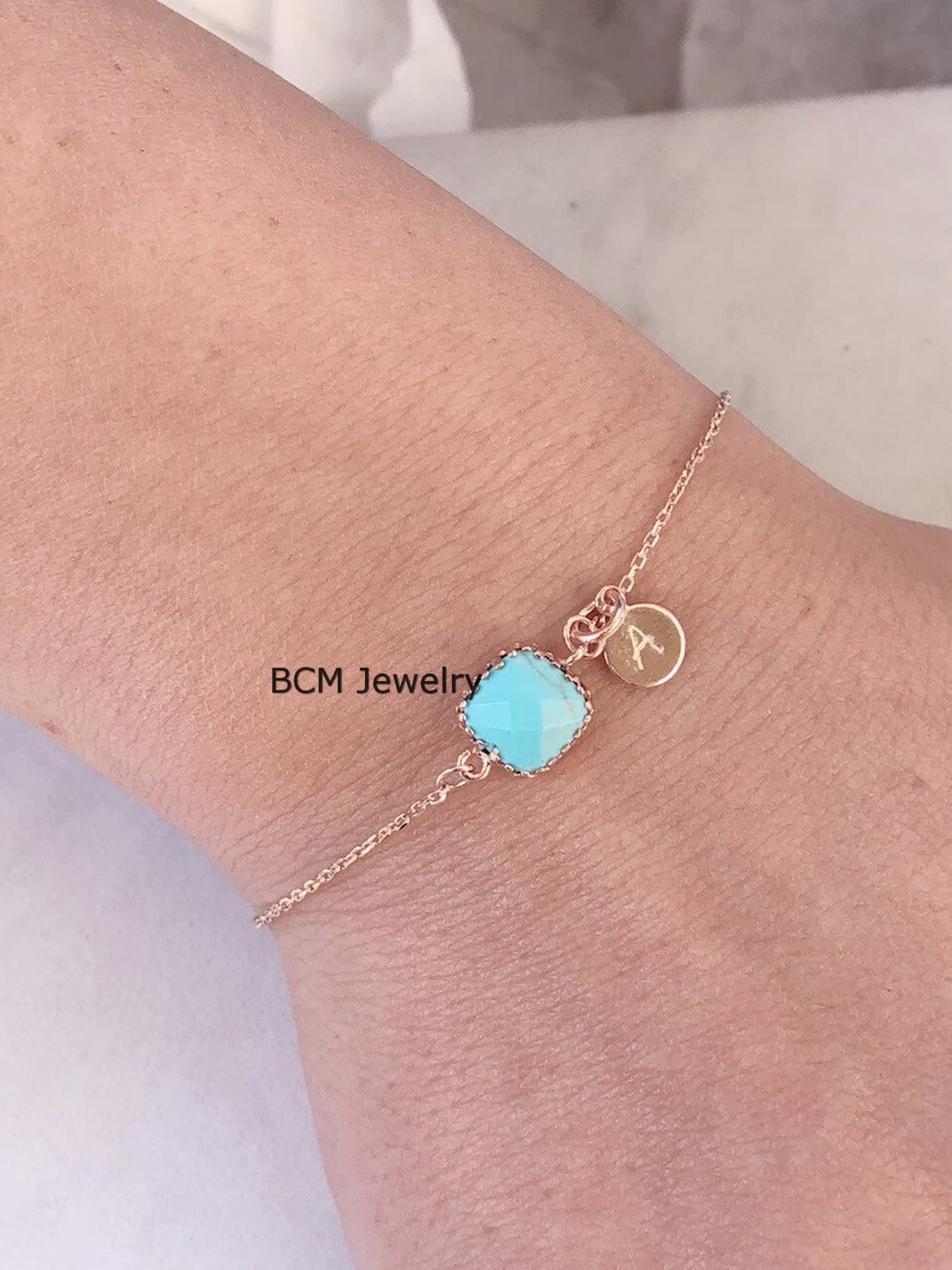 Pulsera de oro rosa de 14 quilates con superposición de plata de ley maciza con una inicial para mujeres, hombres y niñas, joyería de pulsera turquesa