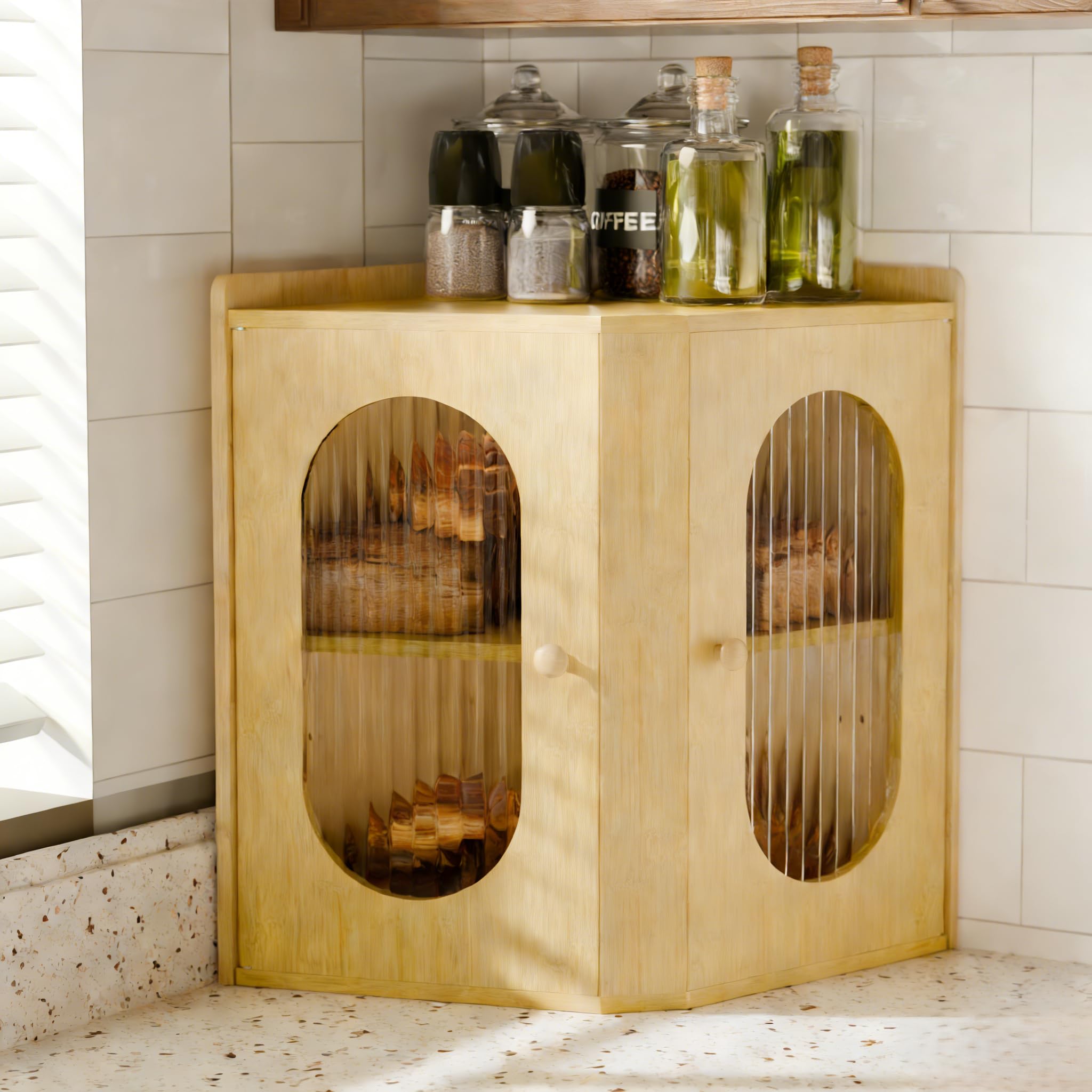 Stylstoreazy Corner Bread Bin for Kitchen,Two Tier Bamboo Bread Box,Bread Storage Containers for Kitchen Countertop with Stiped Window,Natural
