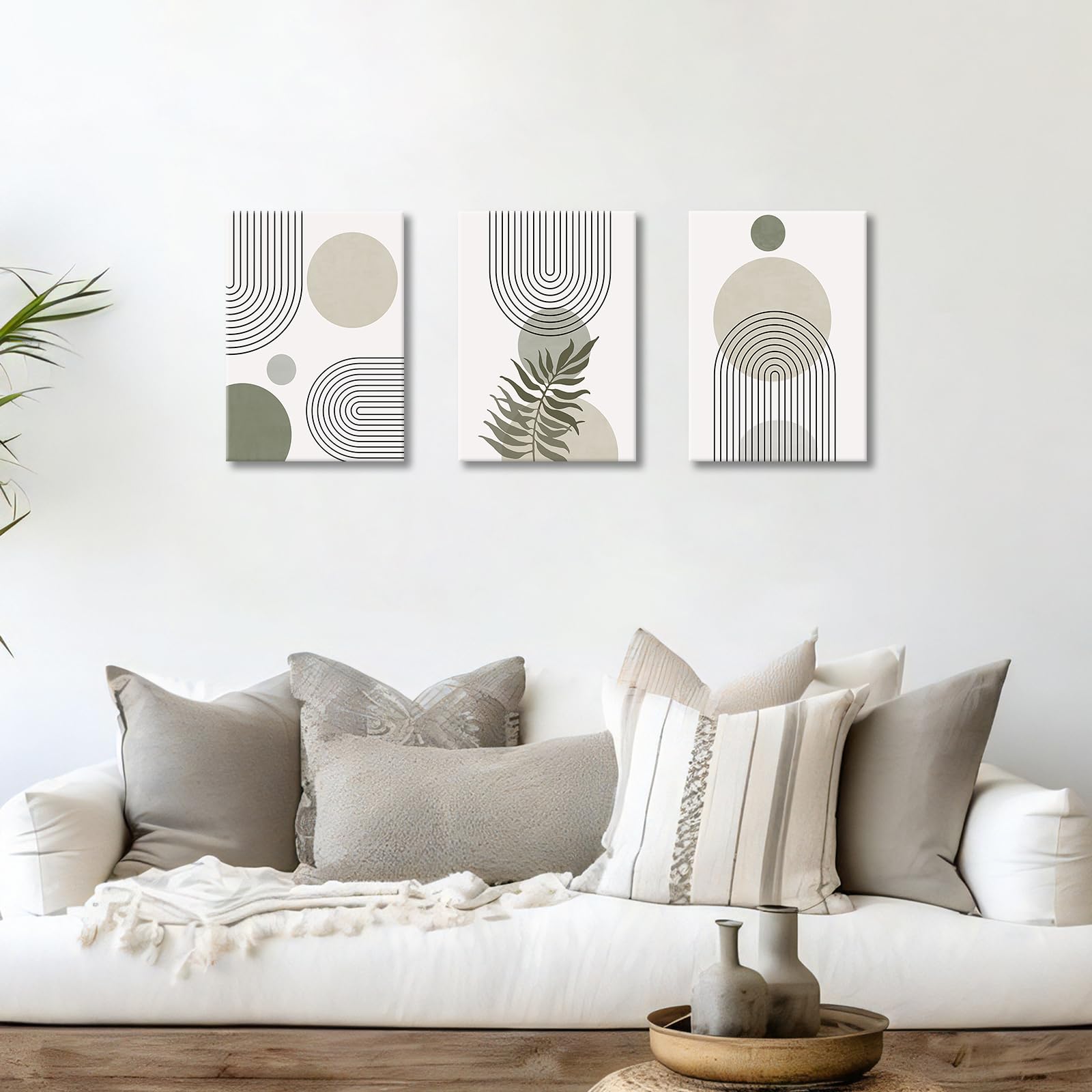 3 Pcs Wooden Framed Canvas Wall Art Set Bohemian Sage Green Canvas Prints Poster Geometric Line Beige Green Pictures for Living Room Bedroom Dinning Room Hallway Stairs Wall Decor 30x40cm x3pcs — view 295