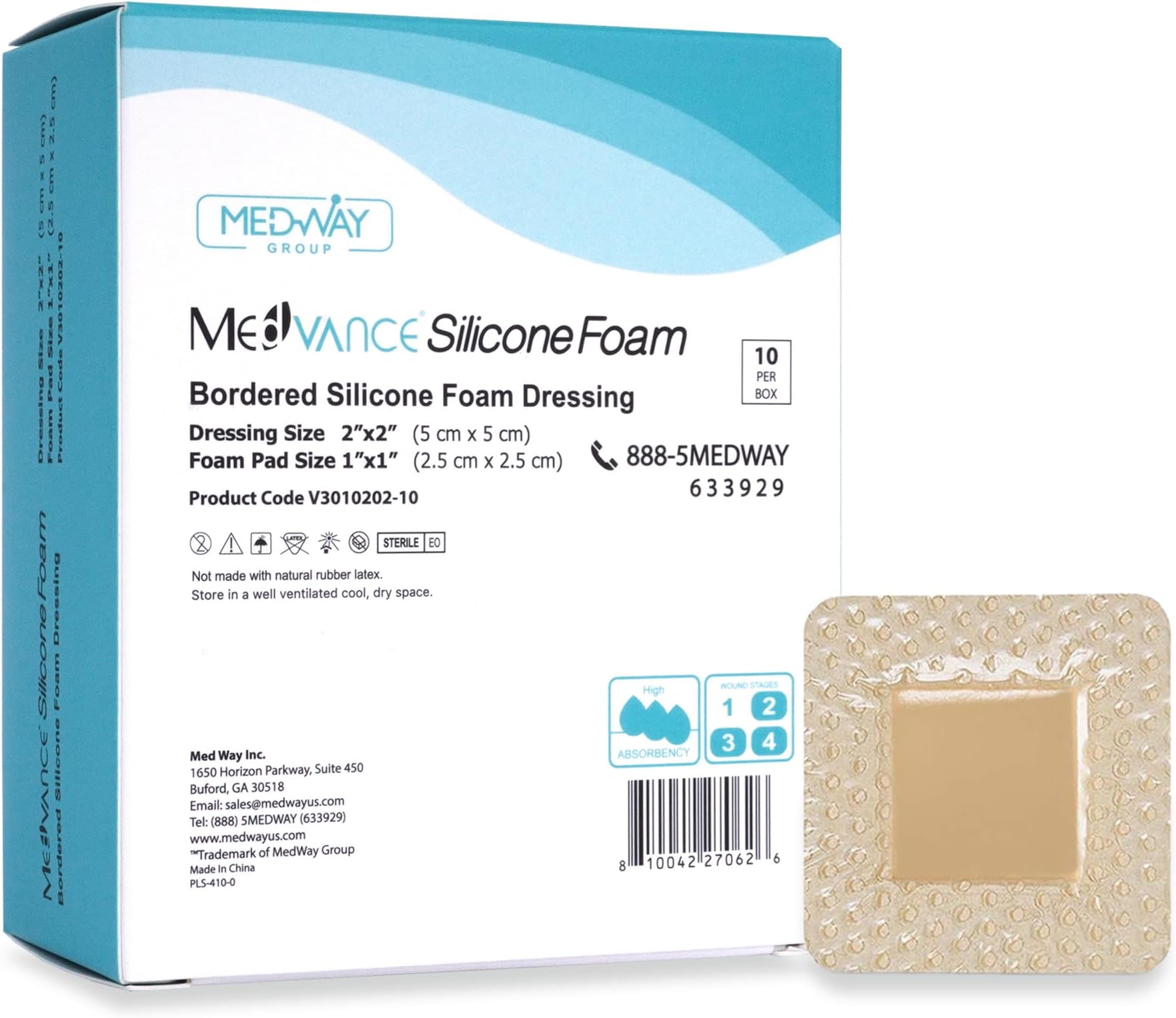 Bordered Adhesive Silicone Foam Dressing Pack of 10 - Waterproof Silicone Pad - Easy Apply & Remove Sterile Bandages - Wound Care & Dressings for Burns & More (2"x2" Bandage, 1"x1" Pad)