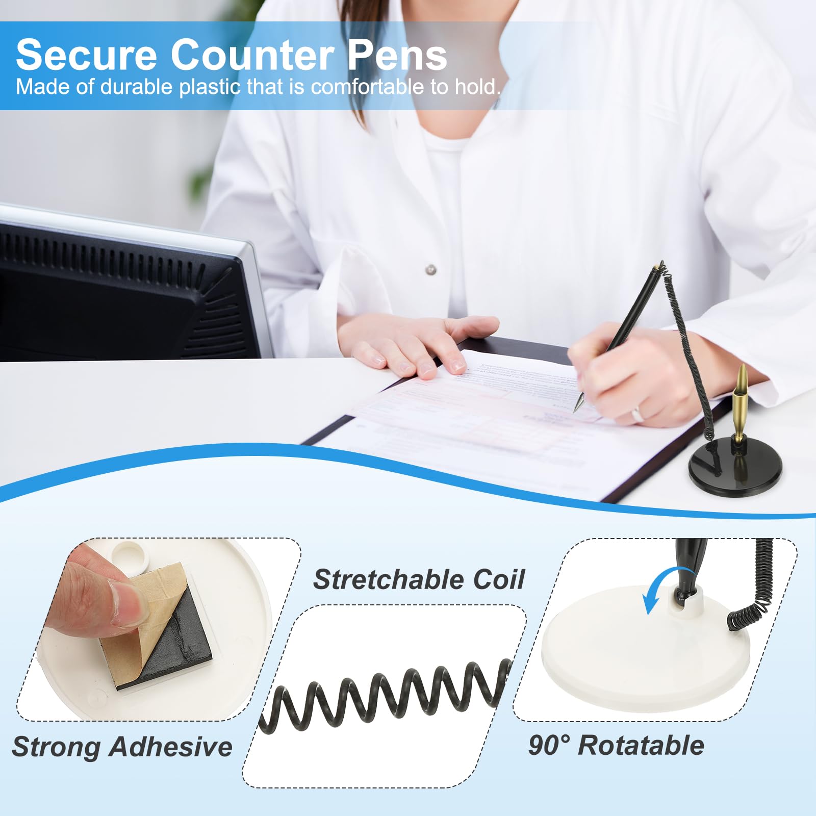 PATIKIL Lot De 6 Stylos Sécurisés Avec Chaîne Adhésive Et Porte-stylo De Sécurité, Stylos De Comptoir De Réception Recharges D'encre Noire Pour Bureau, Bureau, Maison, Base Plate, Blanc