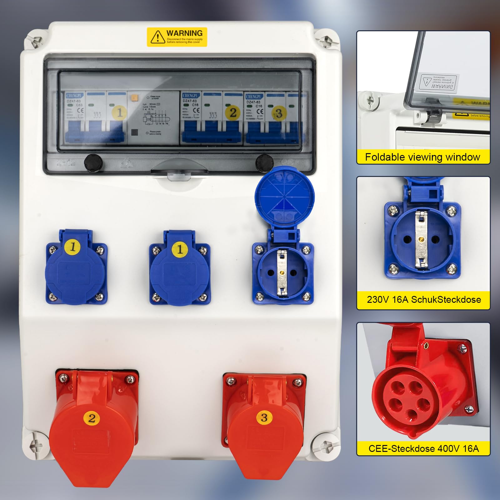 Distribuidor de Corriente para Construcción, Distribuidor de Pared para Obras con Disyuntor, 5P CEE Socket y Schuko Socket, Distribuidor de Consumo Eléctrico para Talleres y Fábricas