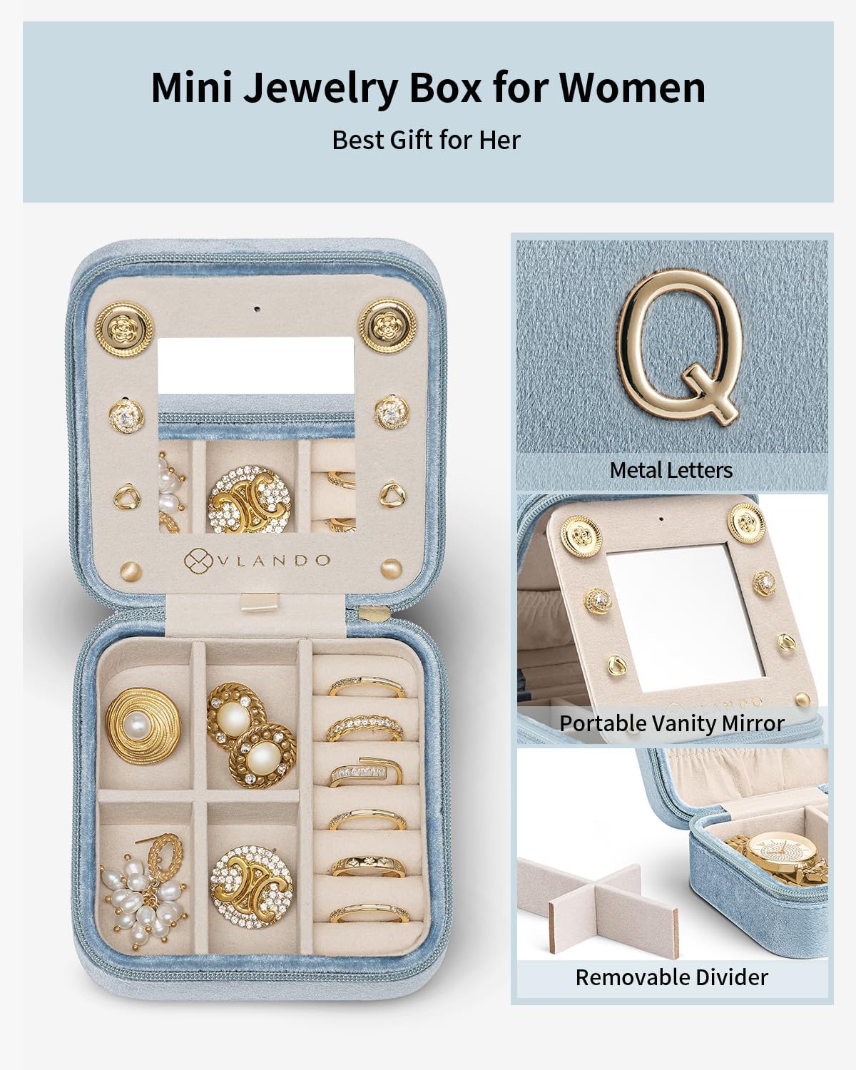 VLANDO Jewelry Travel Organizer, Letter Q Velvet Design with 4 Compartments image 5