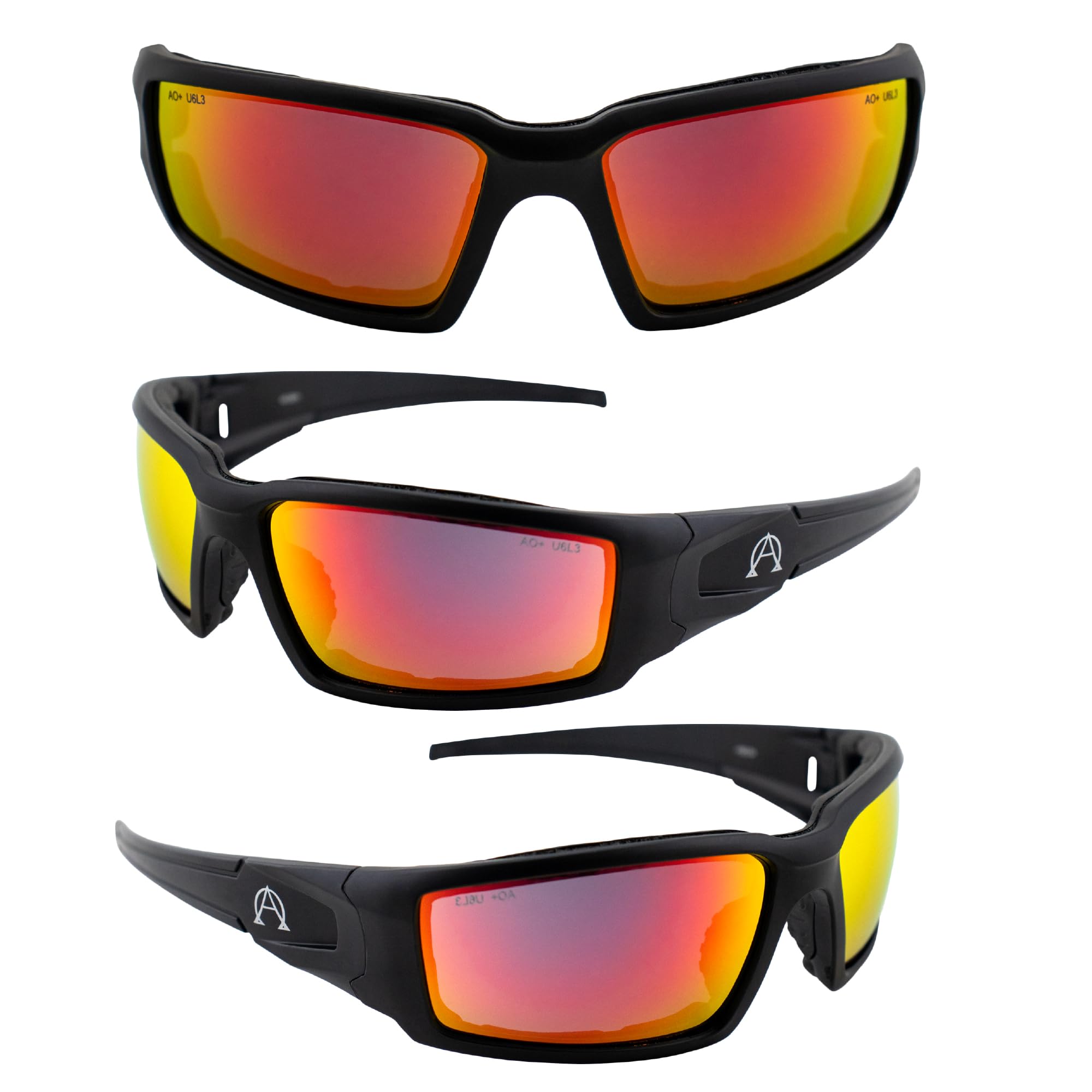 Alpha Omega 5 occhiali da sole da moto imbottiti in schiuma Z87.1 occhiali di sicurezza per uomo o donna montatura nera lenti a specchio rosse