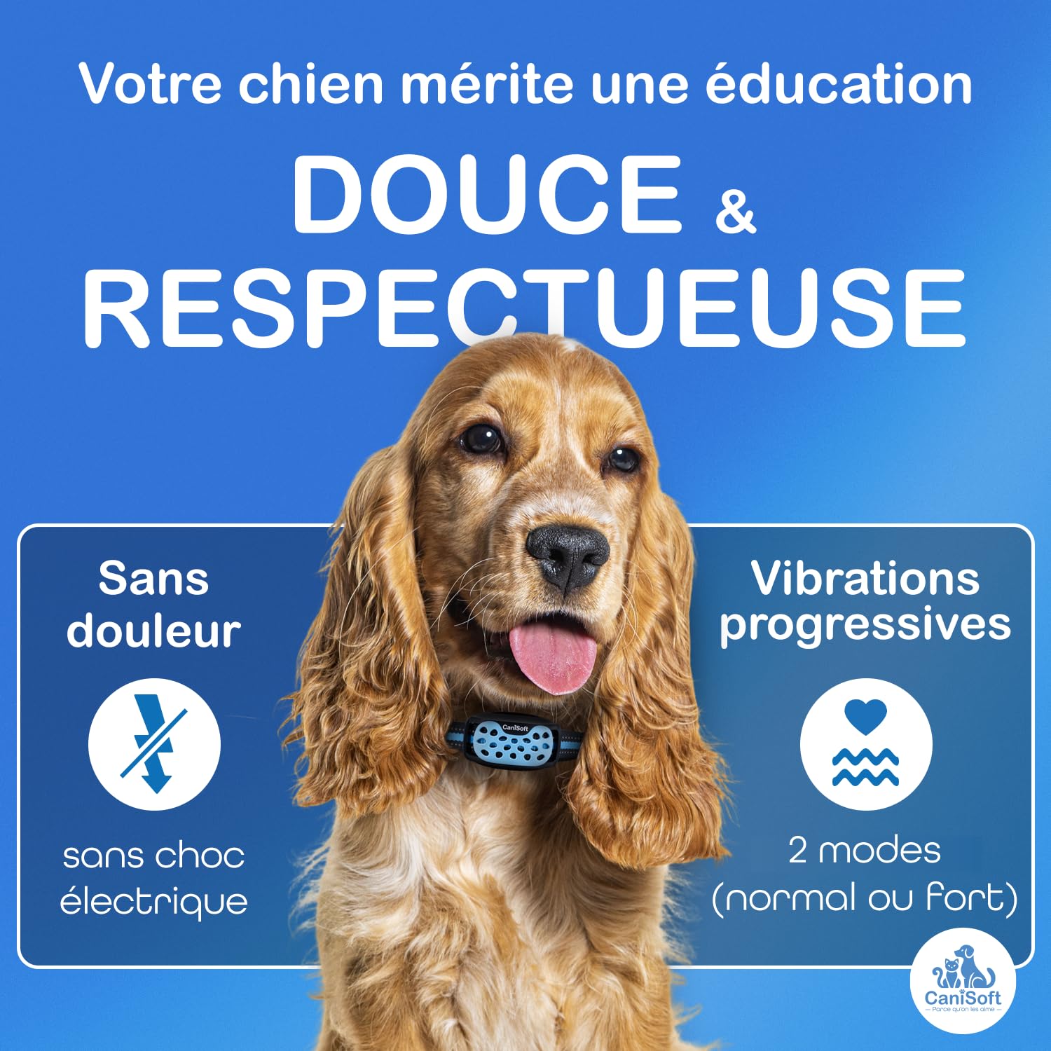 Collier Anti Aboiement Chien CANISOFT Rechargeable USB Étanche IP67 2 Modes 5 Sensibilités 2 Sangles Noire Bleue