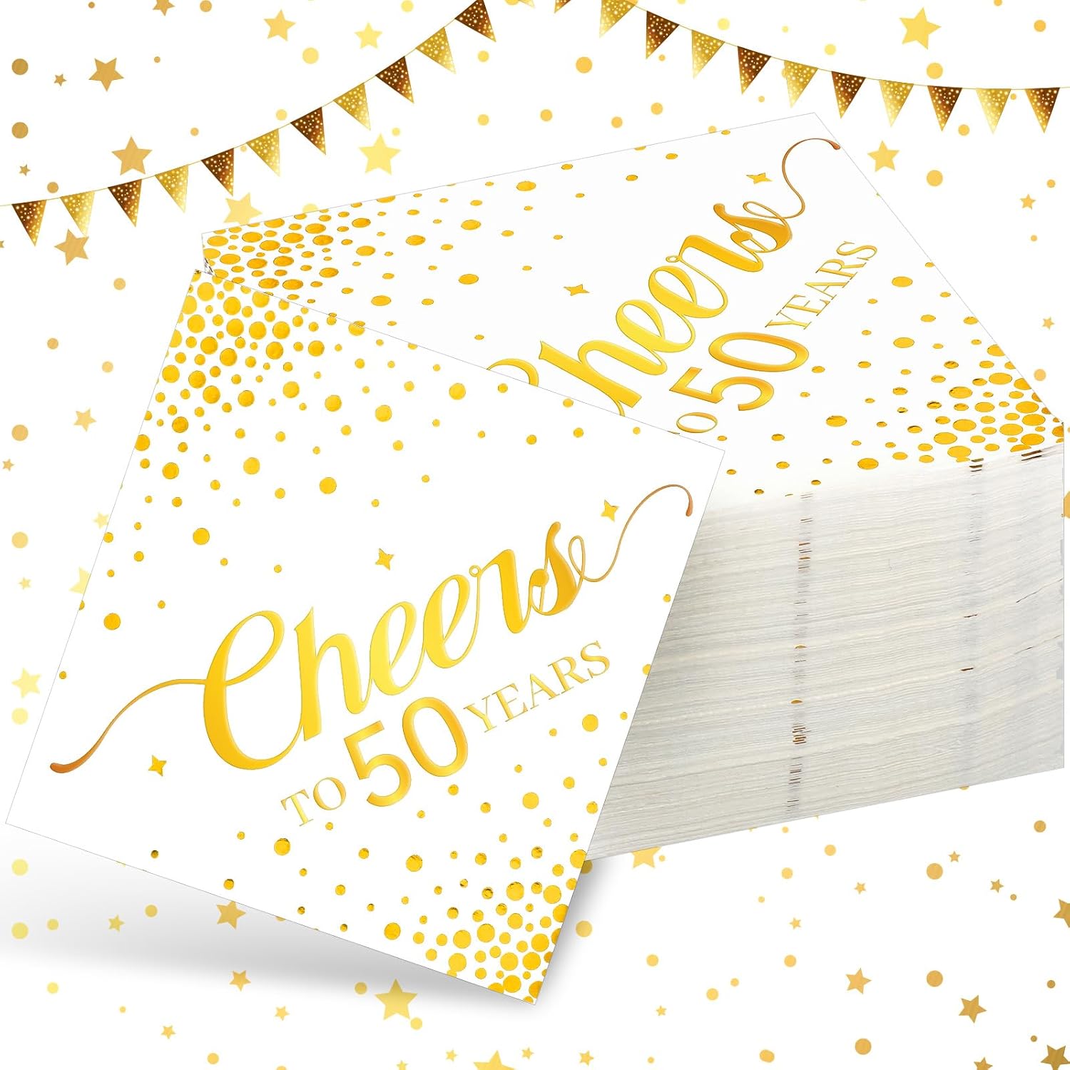 Geelin 50 Years 180 Pcs Gold Cheers Cocktail Napkins, Disposable Supply