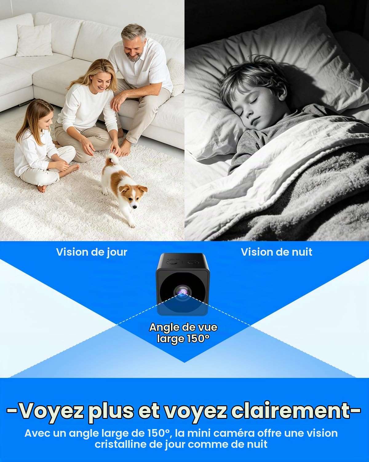 Mini Camera Espion sans Fil, Wi-Fi ou Mode sans WiFi, Camera de Surveillance sans Internet, Vision Grand 160°, Vision Nocturne, Détection Mouvement IA, Mini Surveillance pour Intérieur/Extérieur