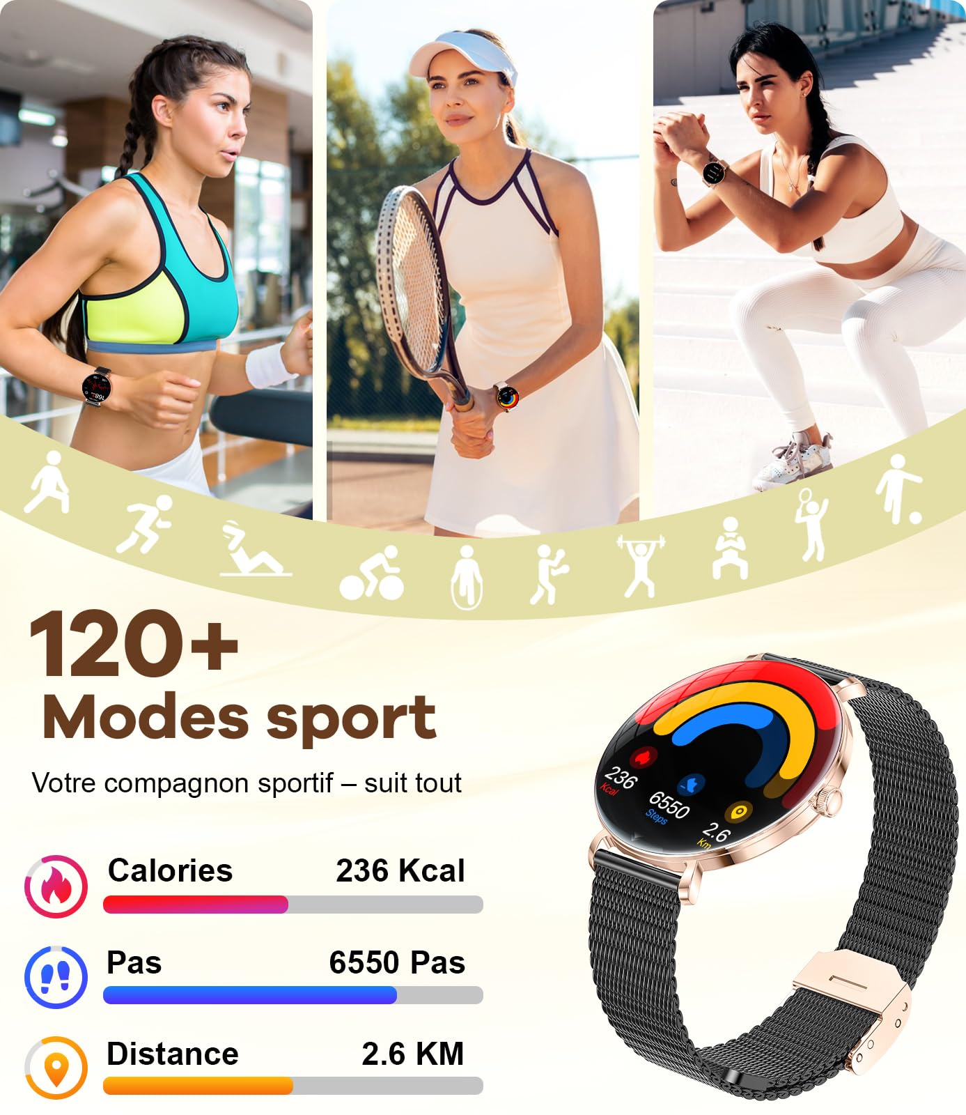 BENYAR SMART Montre Connectée Femme, 1.43" Ultra-Fin Écran AMOLED avec Appel Bluetooth, Santé Féminine, Étanche IP68, 110 + Modes Sportifs, Podomètre, Smartwatch Femme pour iOS Android, Maille Noire