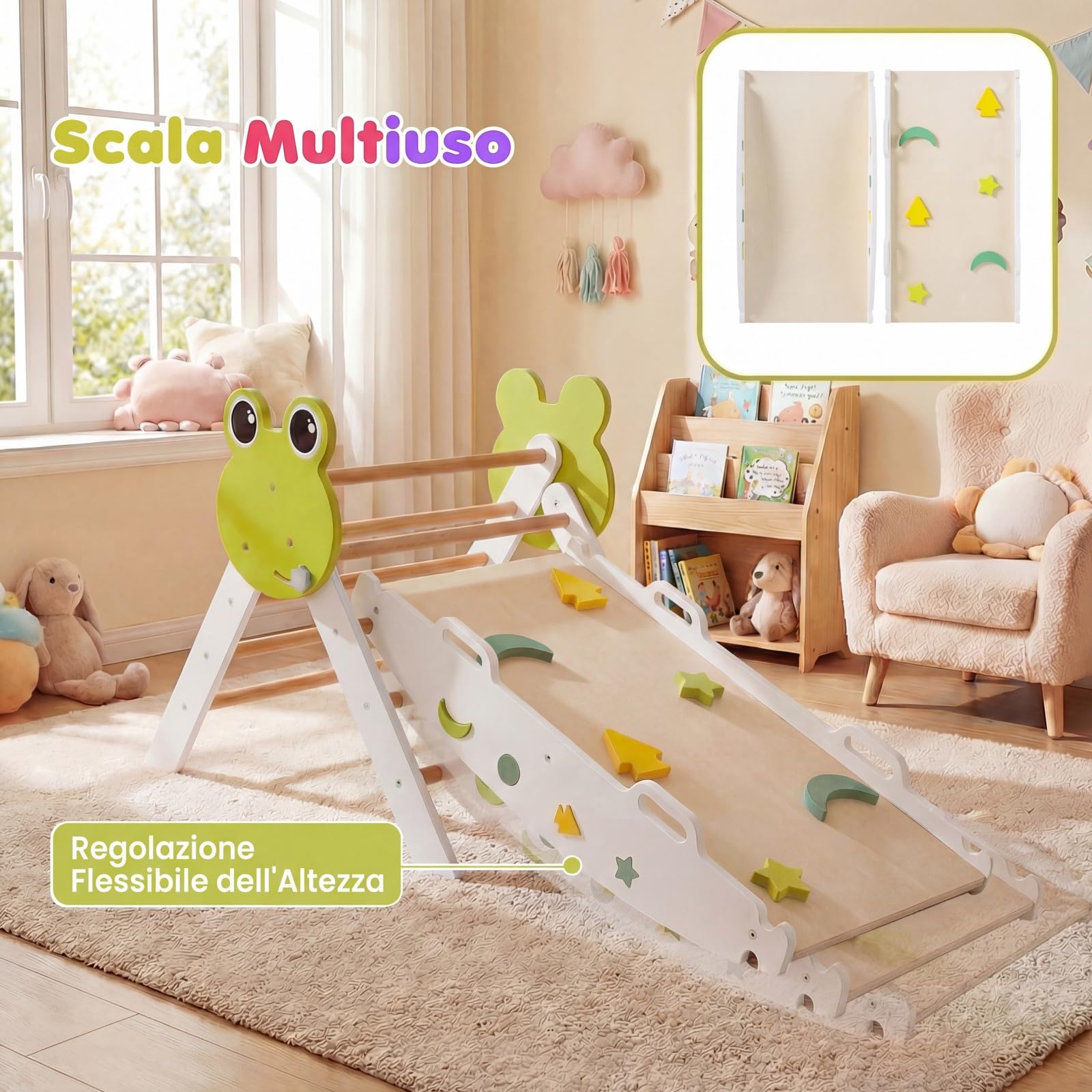 RELAX4LIFE Set da Arrampicata per Bambini, Triangolo di Arrampicata con Scivolo e Arco, Gioco di Incastri in Legno, Gioco Montessori per Bambini 1+ Anni (Rana-3 Pezzi | Bianco)