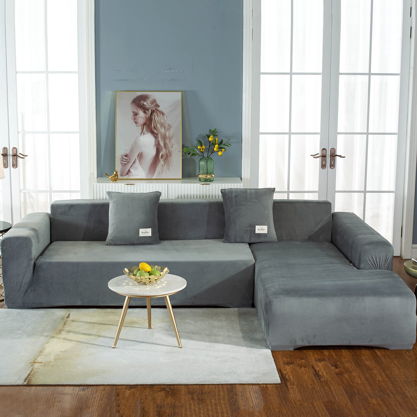 GKXLH Housse de canapé 3 places en forme de L en velours doux pour canapé 3 places + 4 housses de coussin pour canapé sectionnel en forme de L (gris, 3 + 3 places)