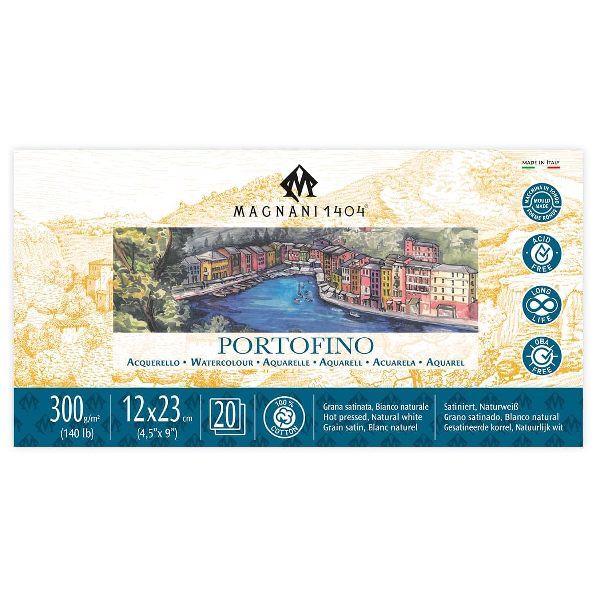 Magnani 1404 Portofino Blocco di Carta Acquerello 100% Cotone Stampa a Caldo 20 Fogli 4,5x9, 63,5 kg, Acid-Free, Resistente ai raggi UV, PH Neutro, Vegan Size Acquerello Carta per Artisti Made in