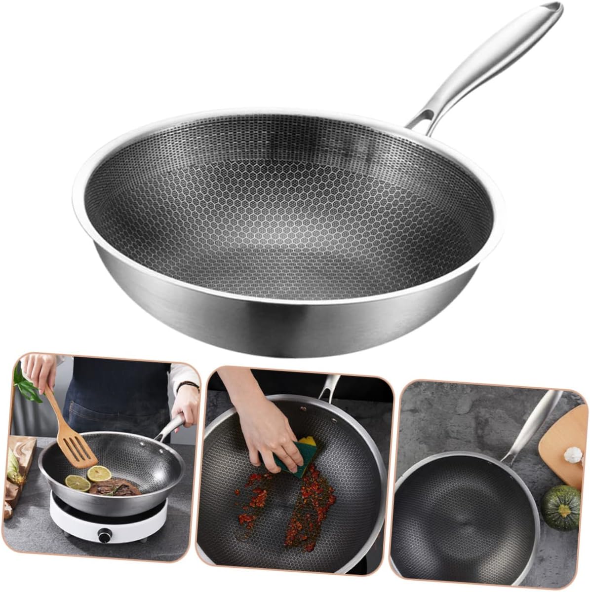 Chinese Wok Pan Stainless Steel Honeycomb Cooking Surface Removable Handle Versatile for All Stoves