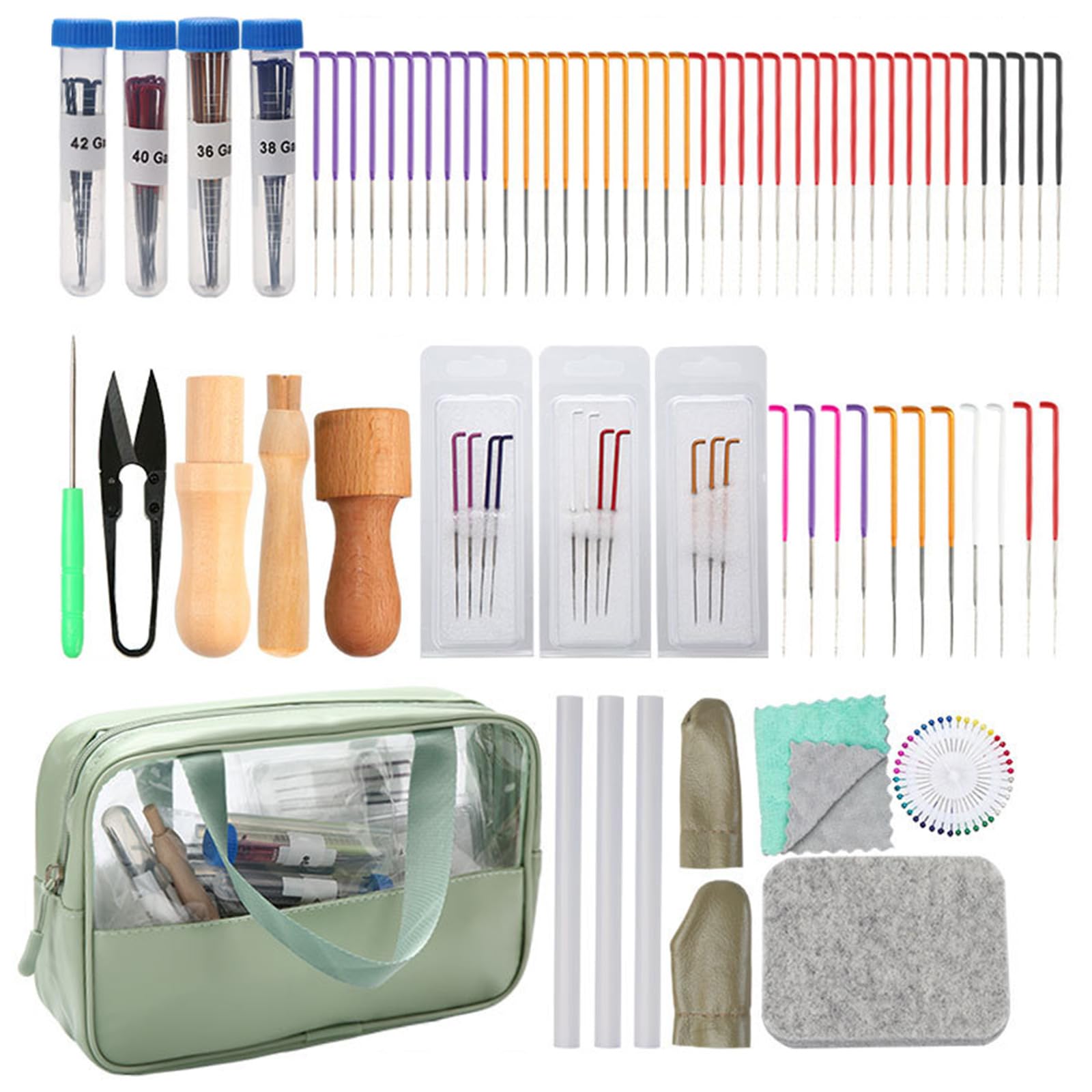 JDNH Suministros de fieltro de aguja para manualidades con almohadilla de aguja, cunas de dedos, mango de madera, herramienta de lana para principiantes, juego de fieltro