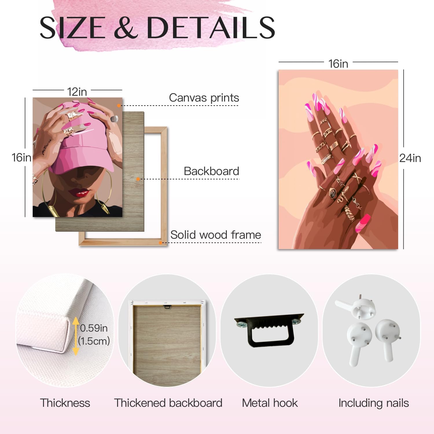 Hianan Fashion Black Girl Canvas Wall Art Modern Trendy African American Black Woman Poster Prints Pink Abstract Black Girl Aesthetic Pictures for Living Room Framed Ready to Hang 12"x16"x3
