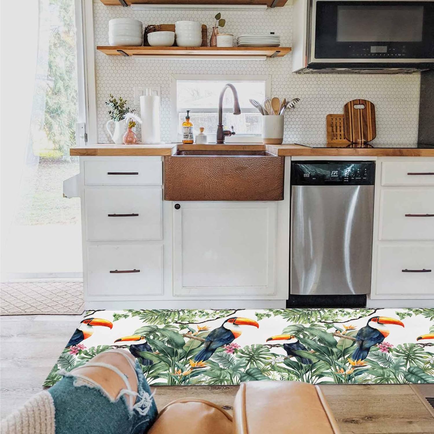 2 Pieces Kitchen Rugs and Mats,Summer Tropical Toucan Palm Leaf Area Runner Rug Set Non Slip Floor Doormat Washable Carpet Standing Mat for Kitchen Sink Indoor Corridor,Watercolor Idyllic Landscape