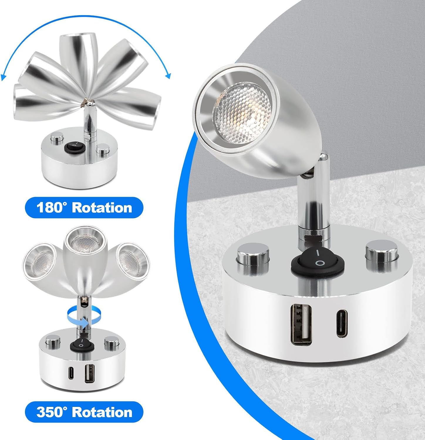 2-PCS RV Reading Lights 12V Interior with USB-A & USB-C Charging Ports, Rotatable Camper LED Light Fixture, RV Bedside Light for Motorhome, Camper, Travel Traile, Boat and Van