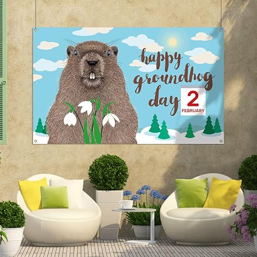 Miniatura 5 de Nepnuser Telón de fondo de cabina de fotos del día de la marmota feliz decoración de temporada para interiores y exteriores (5.9 x 3.6 pies)