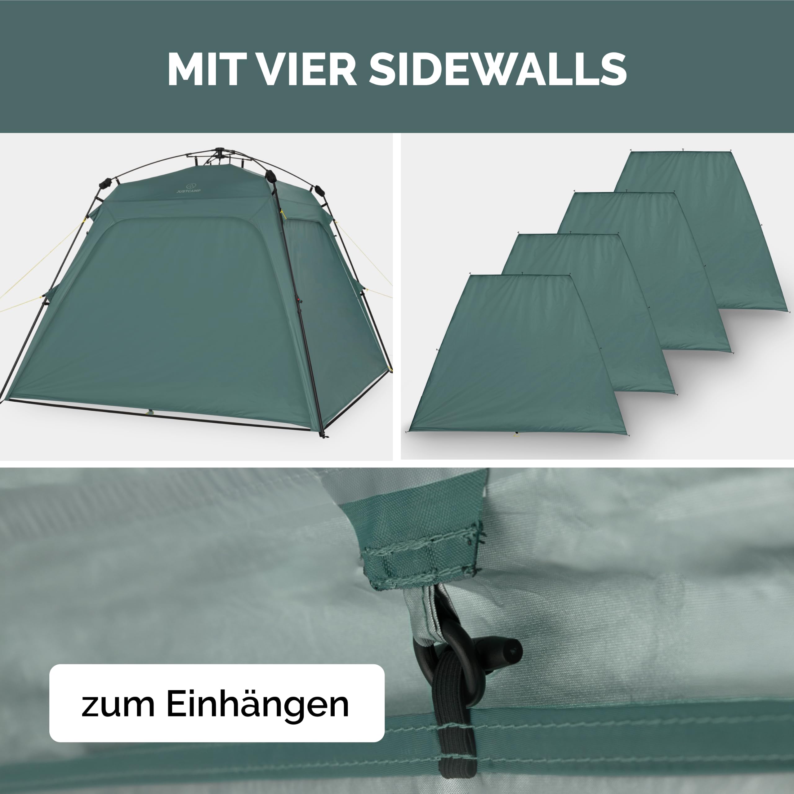 JUSTCAMP wasserdichter Schnellaufbau Pavillon mit 4 Seitenwänden 2,5 x 2,5 m - robuster Outdoor Pavillon faltbar mit UV-Schutz 80+ für Garten, Camping, Festival & Strand - leichtes Pop Up Zelt
