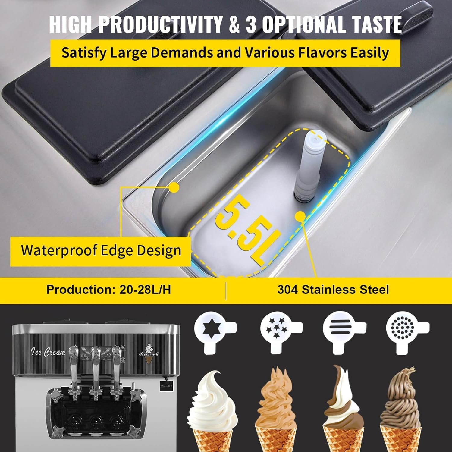 1200W Máquina de Helados Soft Heladera Maquina Helados Soft Comercial Maquina Helados 18L/5Gal 3 Sabores para Cafeterías,Buffets,Tiendas de Bebidas,Restaurantes (9230T)