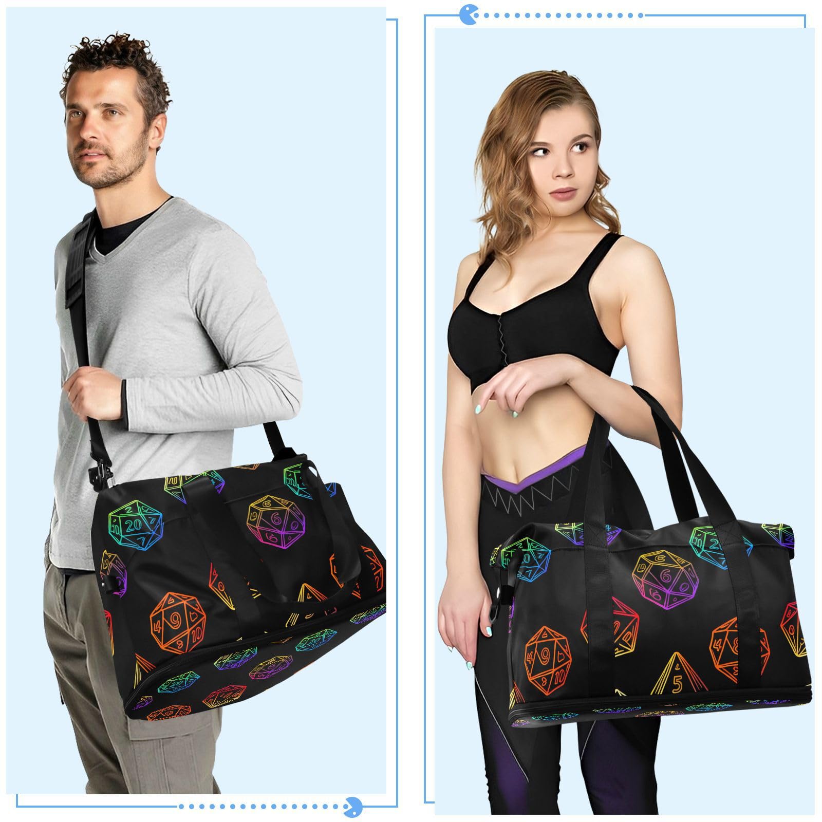 Sac de voyage coloré dégradé de dés avec poche humide sangle réglable sac fourre-tout pour randonnée multifonction pour homme et femme