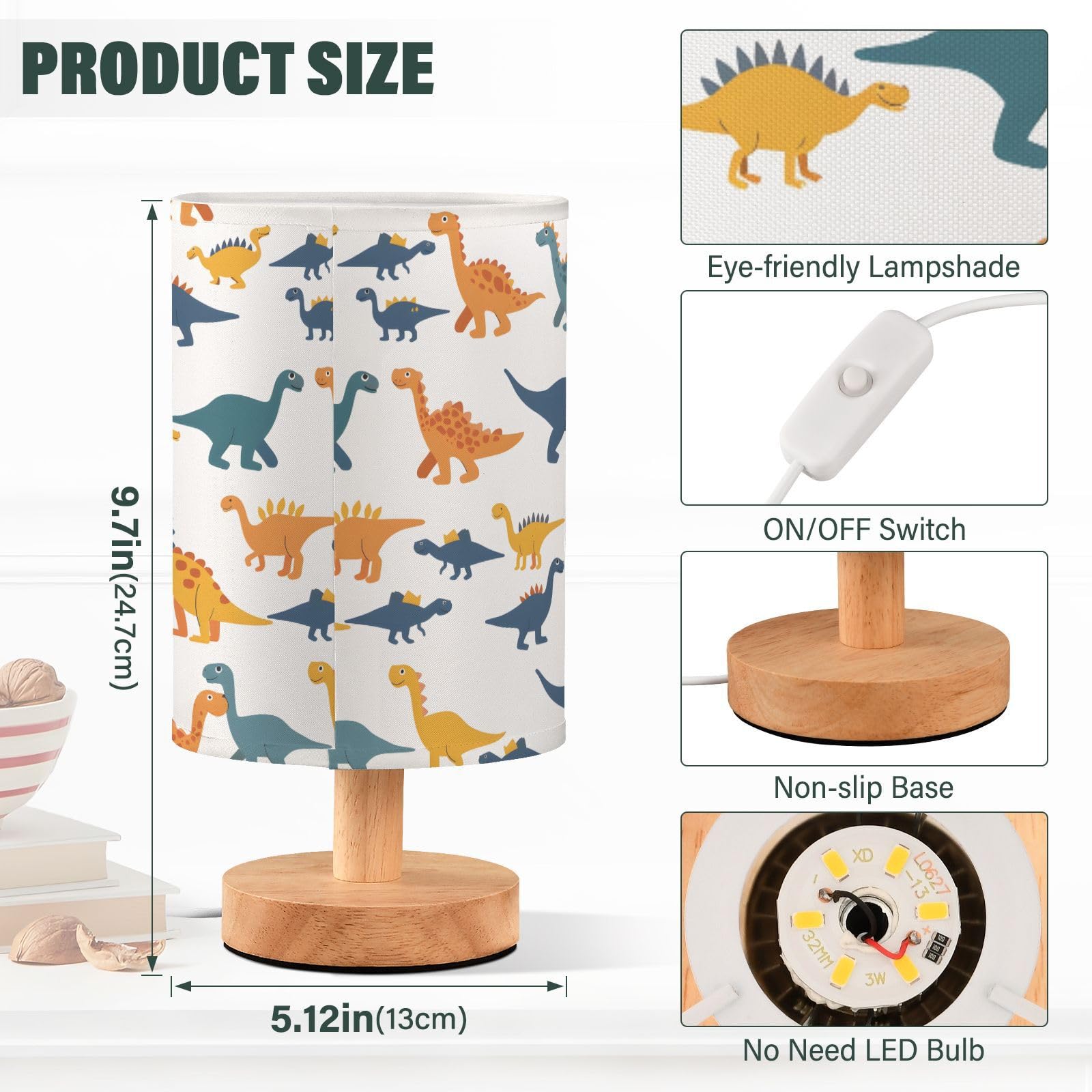 Mnsruu Bedside Table Lamp Dinosaurs Dino Doodle Bedside Lamps LED Light Desk Lamp Fabric Shade Small Lamp for Bedroom Living Room (Bulb Included) - Image 3