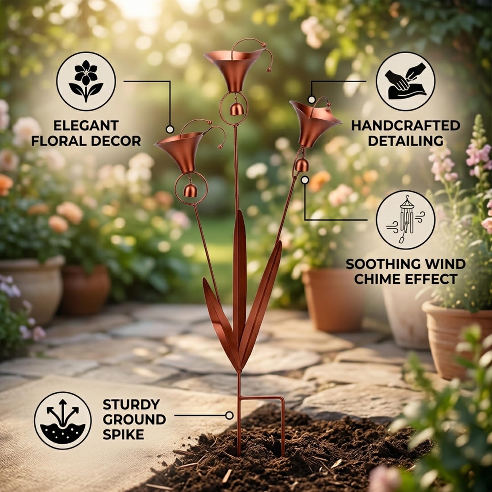 Metalowa Palika Ogrodowa Calla Lily z Dzwoneczkami 3 Kwiatowy