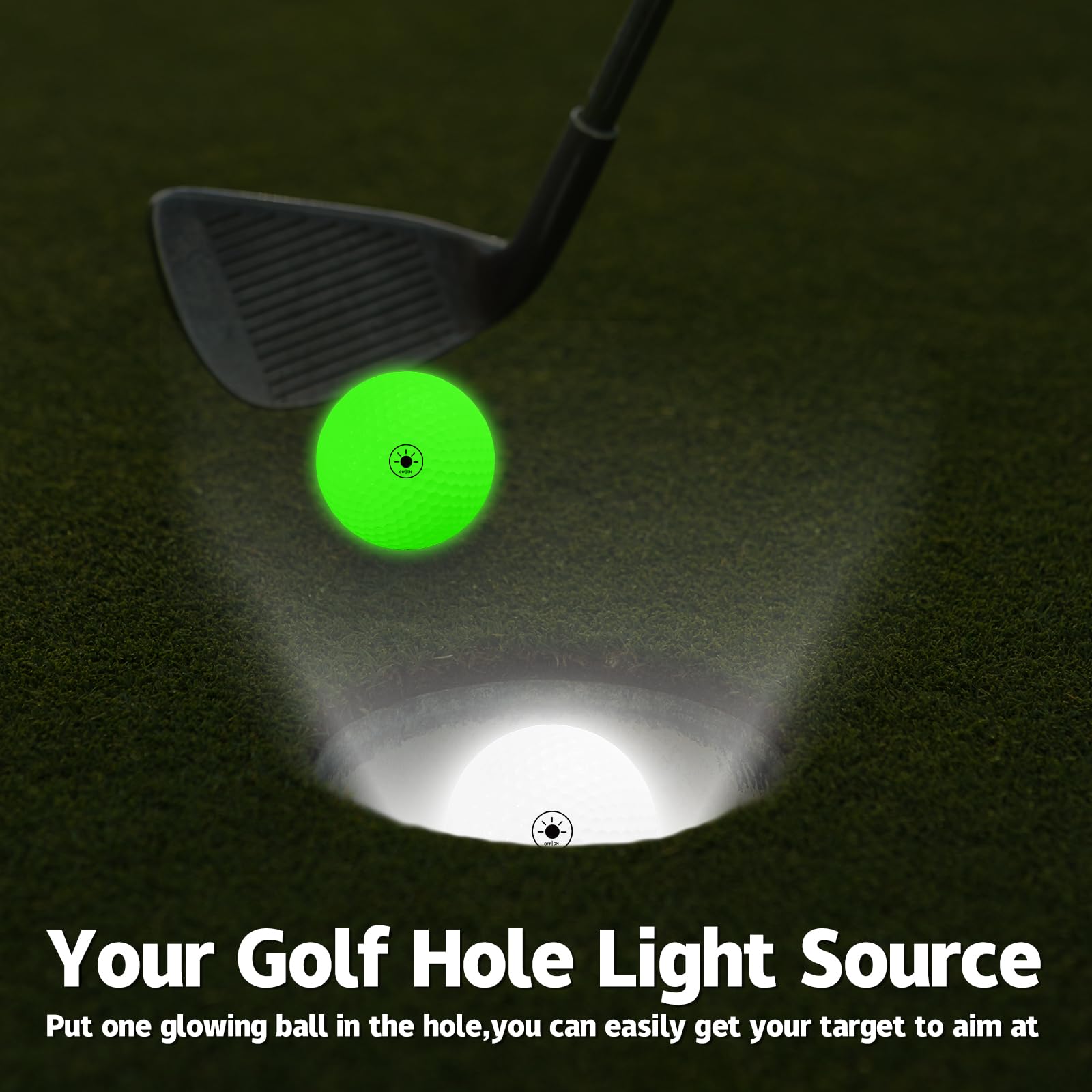 THIODOON Lot de 6 balles de golf phosphorescentes, activées par la lumière, 7 couleurs, restent éclairées, faciles à allumer et à éteindre avec lampe de poche