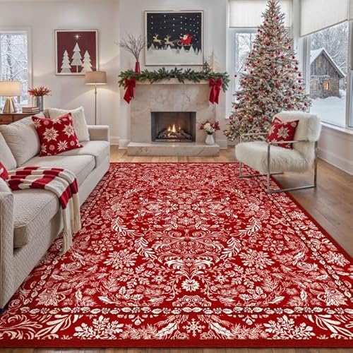 Christmas Area Rug 8x10 for Living Room Red Washable Non Slip Rug Soft Low Pile Large Carpet Boho Throw Throw Rug for Office Dining Room Bedroom Xmas